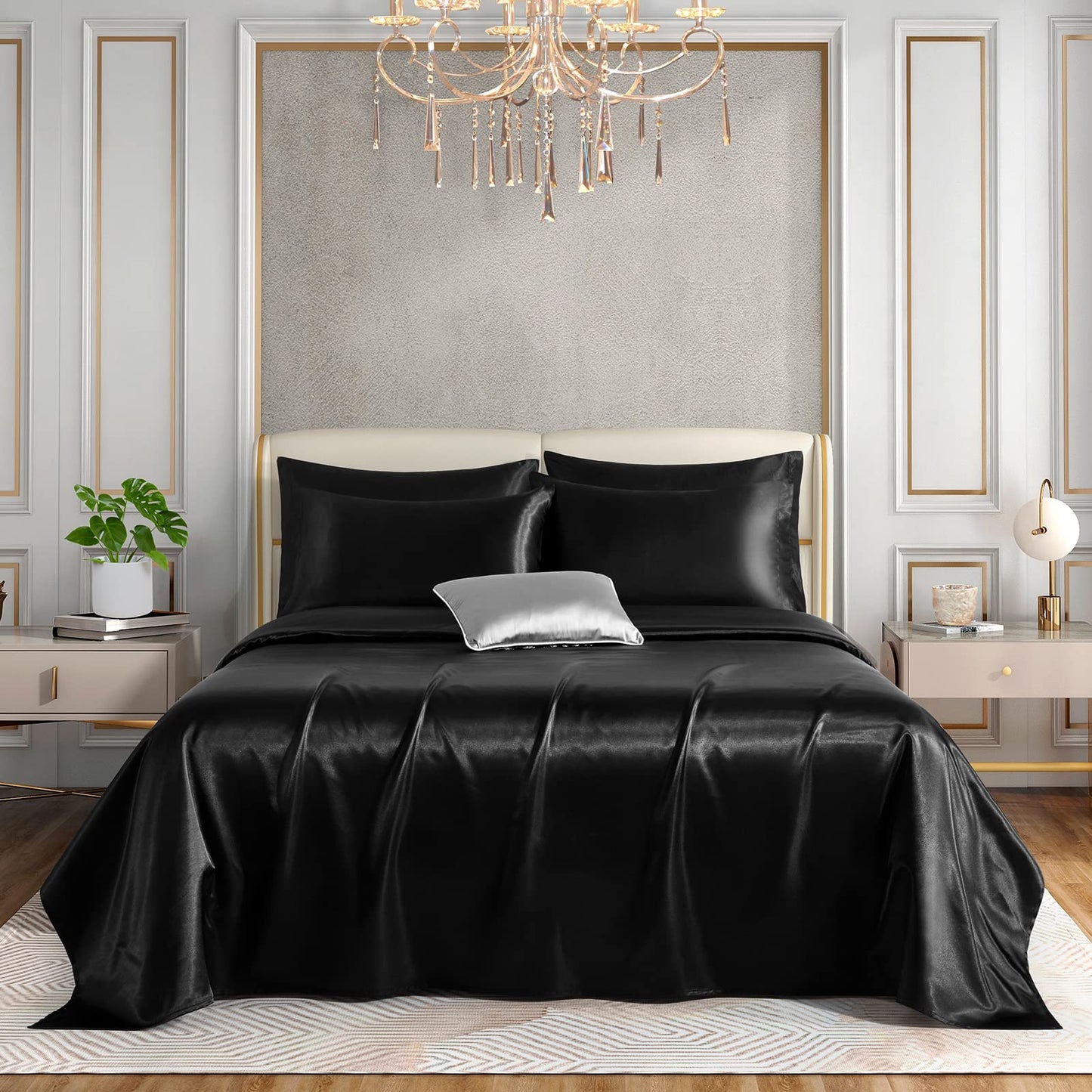 Horbaunal 6 Piece Satin Sheet Set King Size Luxury Silky & Soft Black Satin King Bed Sheet Set with 16" Deep Pocket, 1 Fitted Sheet, 1 Flat Sheet, 4 Pillowcases