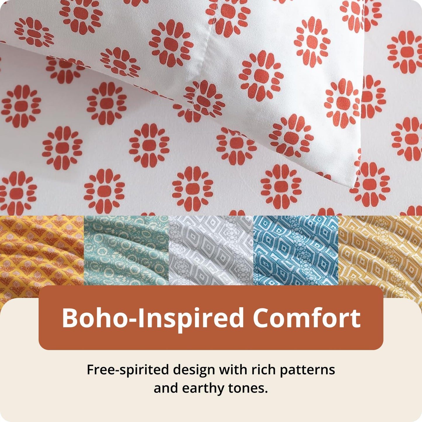 Indigo Ink Queen Size 4-Piece Sheet Set - Fitted & Flat Sheets & Pillowcases, Medallion Pattern, Soft & Breathable, Durable, Wrinkle Resistant Fabric, Deep Pocket Sheets, Panther Collection Spice