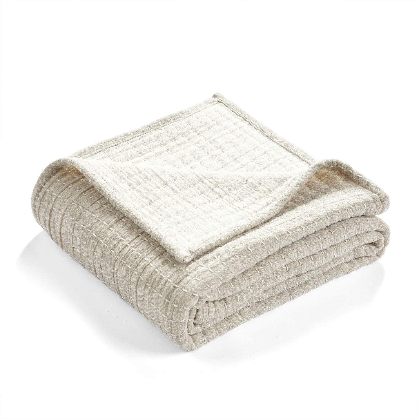 Lush Decor Solid Kantha Pick Stitch Cotton Throw Blanket 50" W x 60" L Neutral & Off White - Beige Throw Blanket for Bed - Textured Soft Couch Blankets