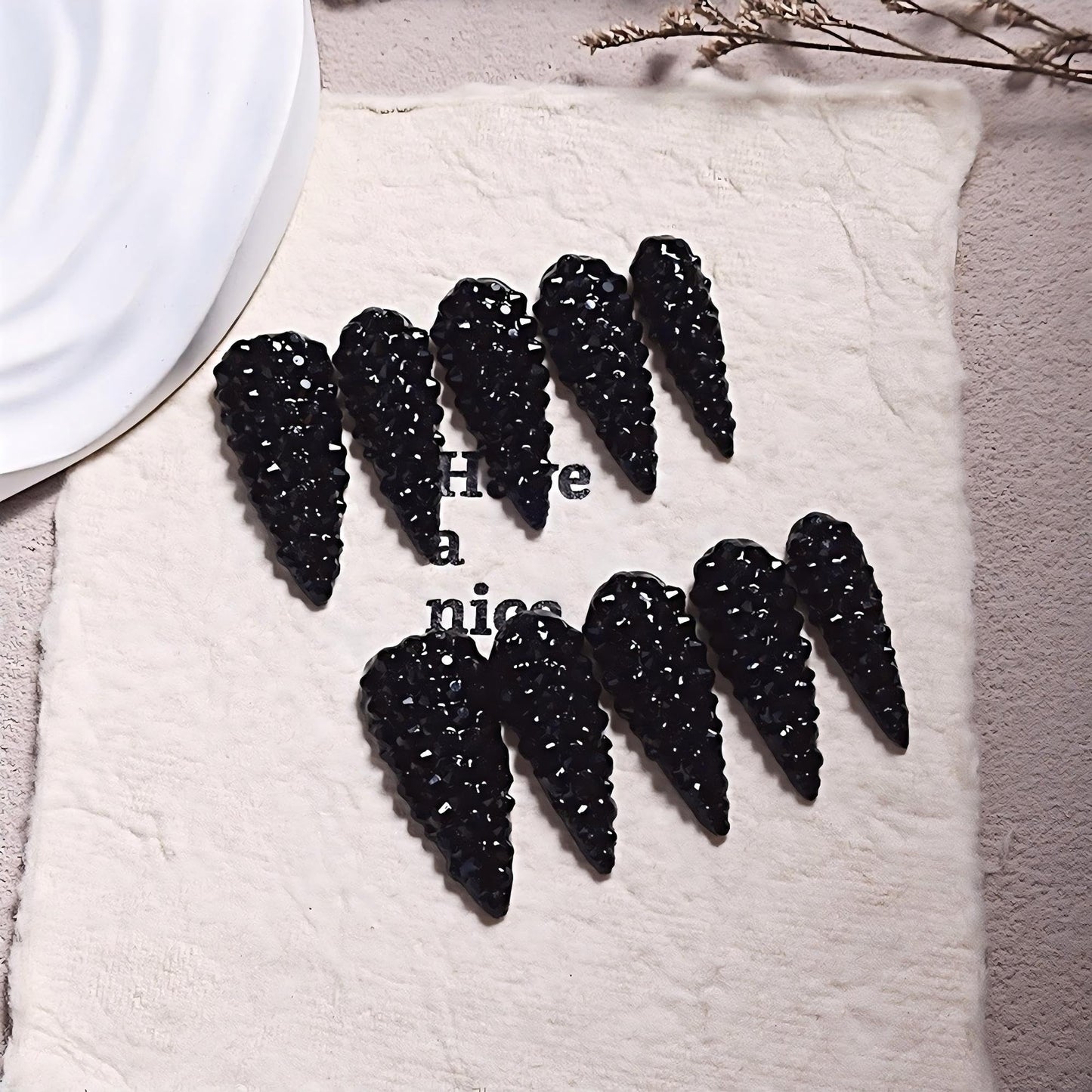 Almond Press on Nails Long Black Rhinestones Handmade Fake Nails Luxury Full Cover False Nails with 3D Designs Acrylic Nails Press Ons Sparkly Reusable Stick on Nail for Women 10Pcs(Size M)