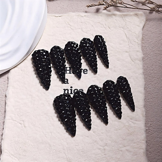 Almond Press on Nails Long Black Rhinestones Handmade Fake Nails Luxury Full Cover False Nails with 3D Designs Acrylic Nails Press Ons Sparkly Reusable Stick on Nail for Women 10Pcs(Size M)