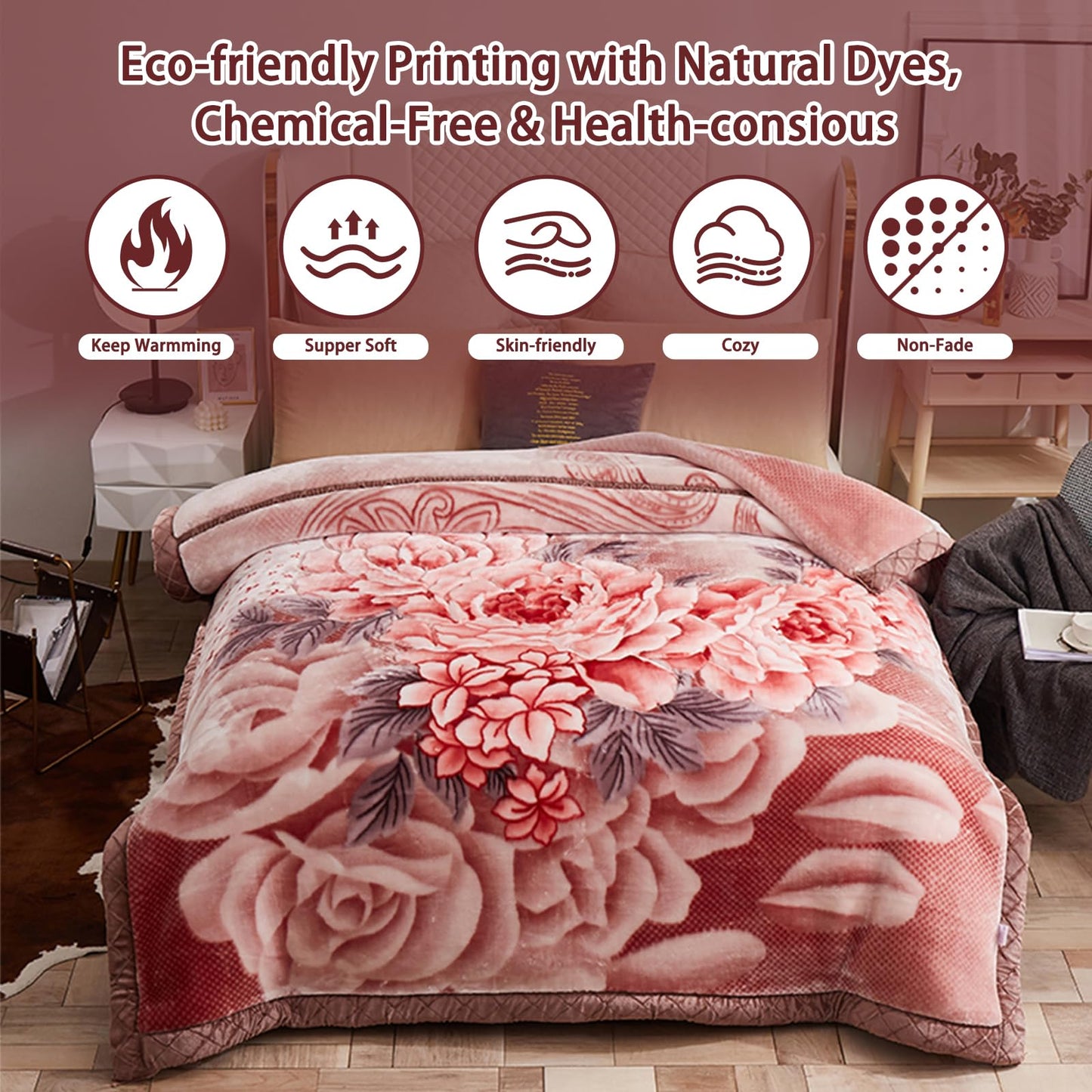 MODUSKYE Mink Blankets, Korean Heavy Fleece Plush 78x90 inch 2 Ply Mink Blankets with Peony Pattern 7.7lbs Queen Soft Cozy Raschel Blanket for Autumn Winter (Bean Paste)