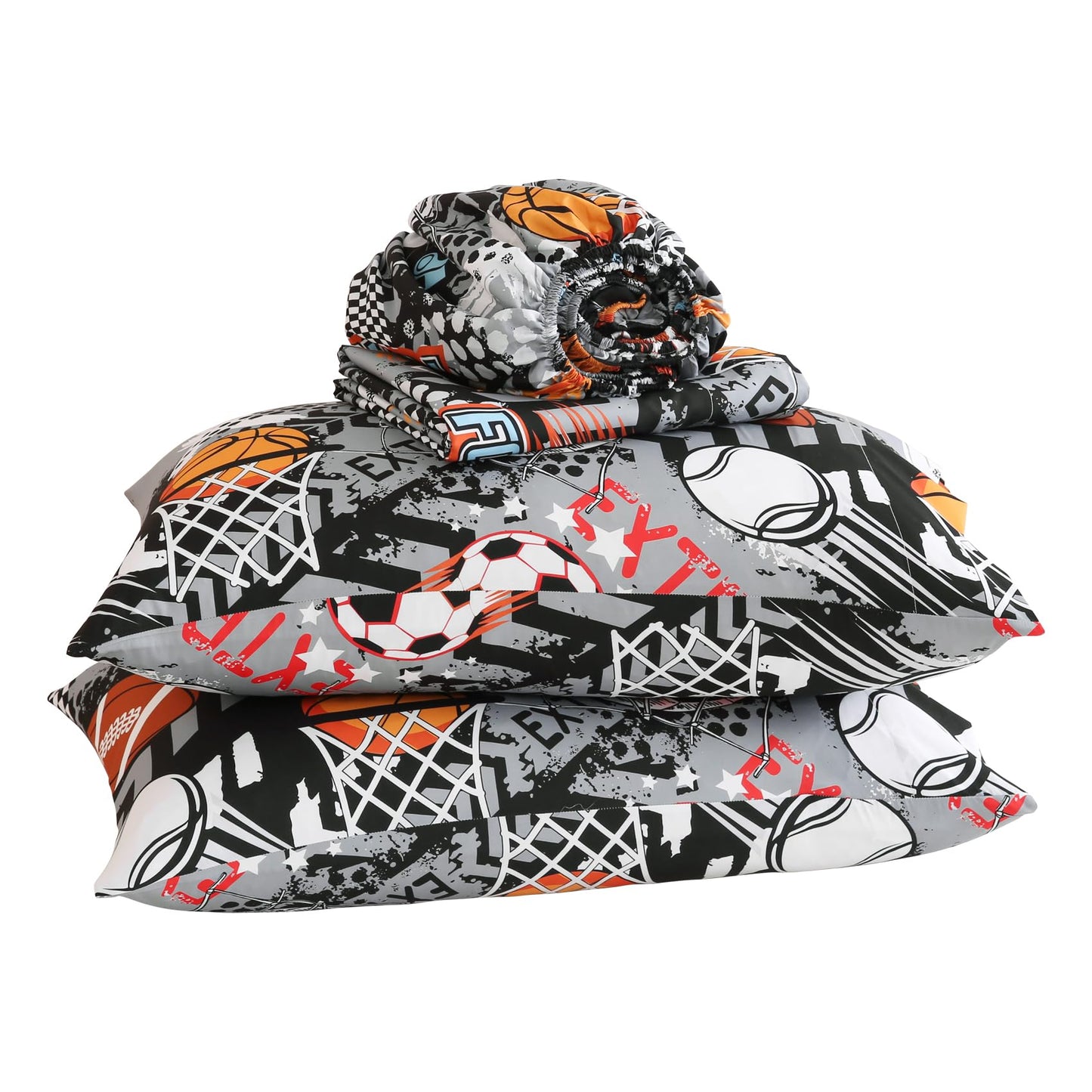Yibeizi Grey Sports Sheet Set for Boys Full, Kids Football Basketball Baseball Print Bedsheets Microfiber Deep Pocket Cute Patterned Bed Sheet & Pillowcase Sets 4 Pieces