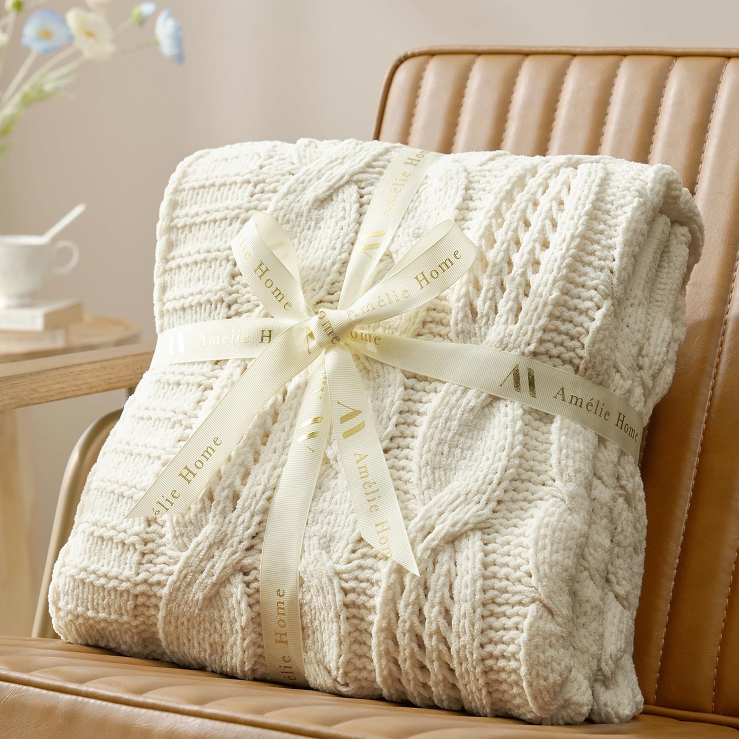 Amélie Home Chunky Knit Throw Blanket, Dual-Sided Soft Chenille Breathable Cable Knitted Blanket for Couch, Farmhouse Decorative Throw for Sofa & Chair, 50"x60", Ivory