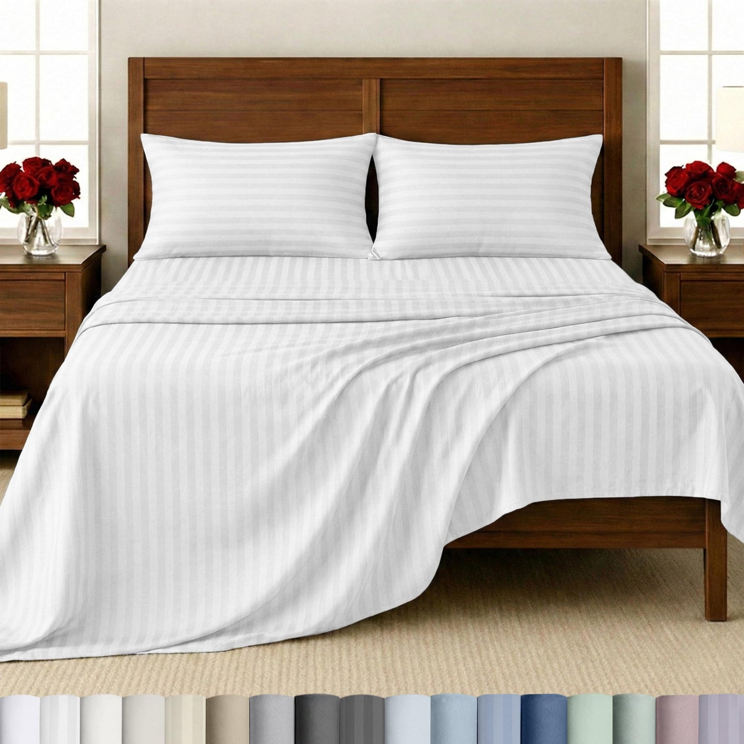 California Design Den Striped 100% Cotton Sheets for Queen Size Bed, 500 Thread Count Sateen, Deep Pockets, Soft Luxury Bedding - Striped White Sheets