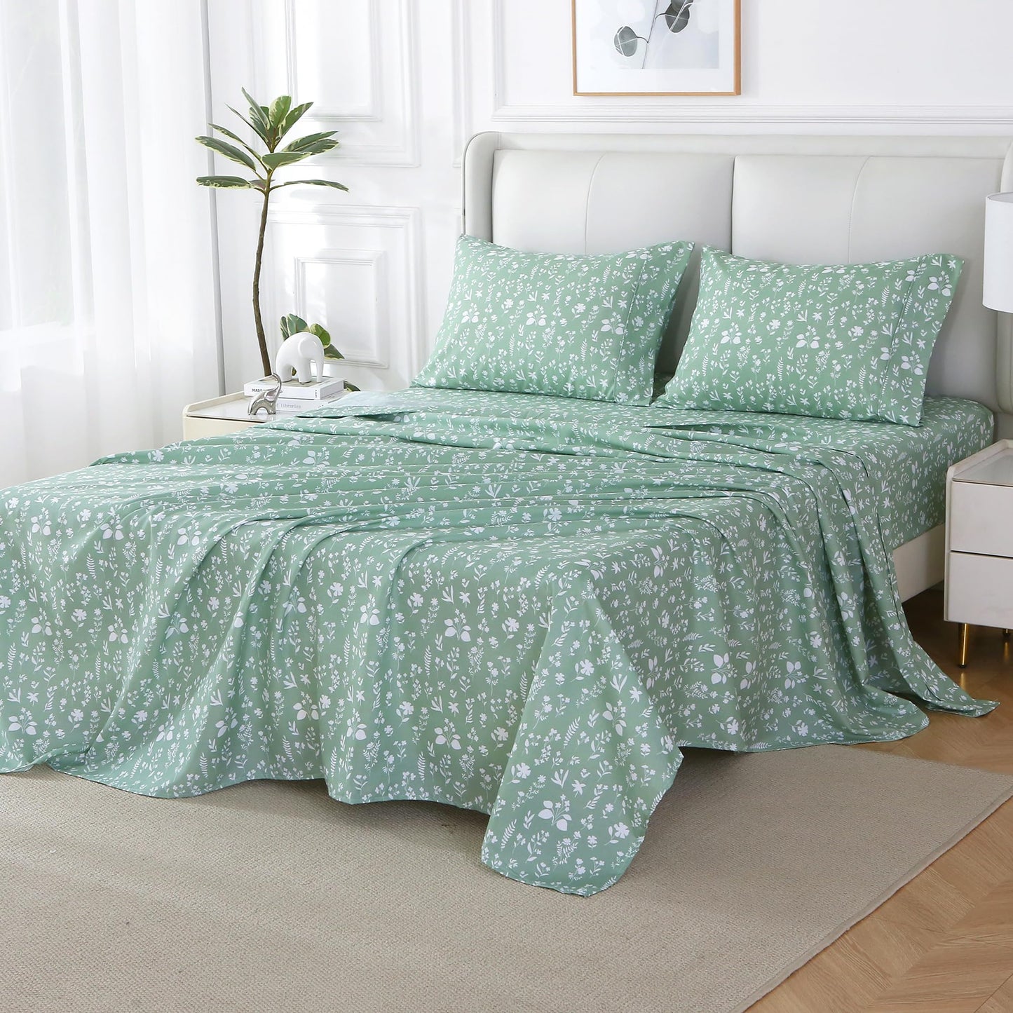 Viviland Sage Green Twin Sheet Set - 4 Piece Vintage Green Flower Patterned Bed Sheets - Soft, Breathable Microfiber Floral Sheets with Deep Pocket, Non-Slip Fitted Sheets & Pillowcases