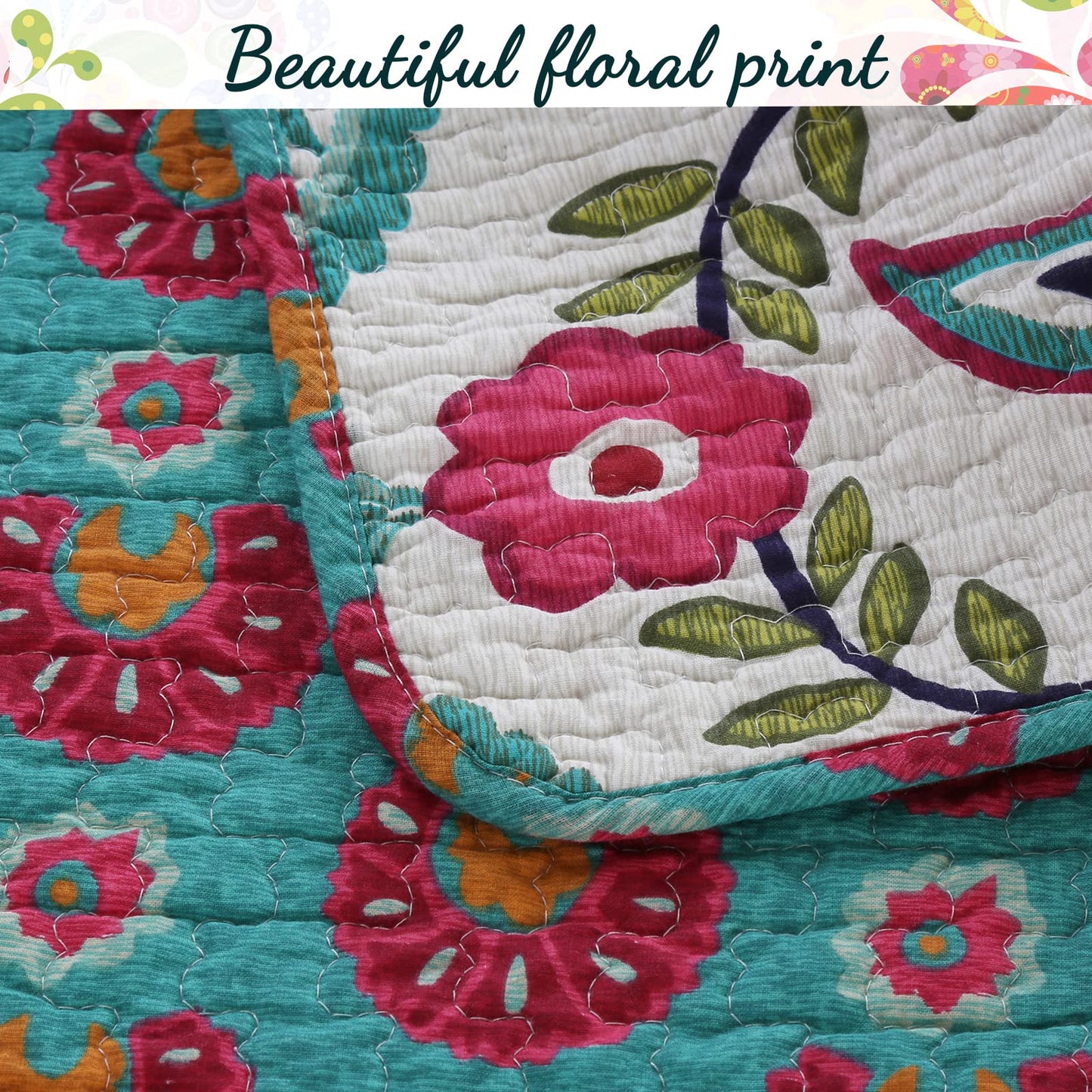 Cozy Line Home Fashions Pink Red Floral 100% Cotton Reversible Quilt Bedding Set, Coverlet Bedspread (Fuchsia Flowers, Queen - 3 Piece)