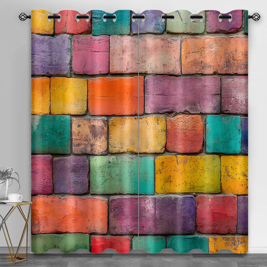 JAXIUOF Colored Bricks Curtains 63 Inch Long 2 Panels Graffiti Blackout Curtains, Watercolor Wall 3D Printed Drapes, Grommet Top Window Treatments for Bedroom Office Kitchen