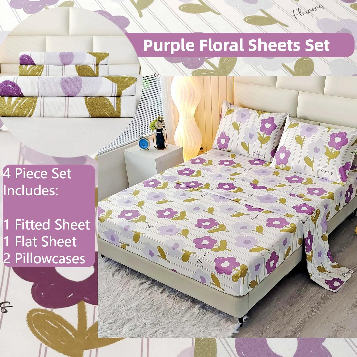 SDIII 4PCS Purple Floral Twin Bed Sheets Set, Soft Microfiber Floral Bed Sheets Twin, Wrinkle and Fade Resistant, Cooling Sheet on Amazon