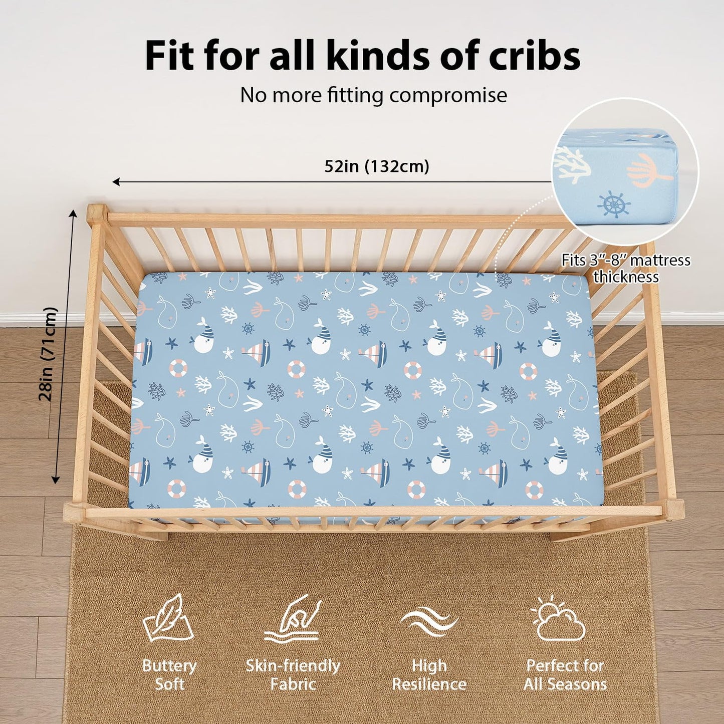 FIEMOL Baby Crib Sheets for Boys and Girls, 3 Pack Toddler Bed Sheets for 52”x28” Standard Toddler Mattresses, Soft Microfiber Fitted Crib Sheets Neutral Blue Ocean Whale