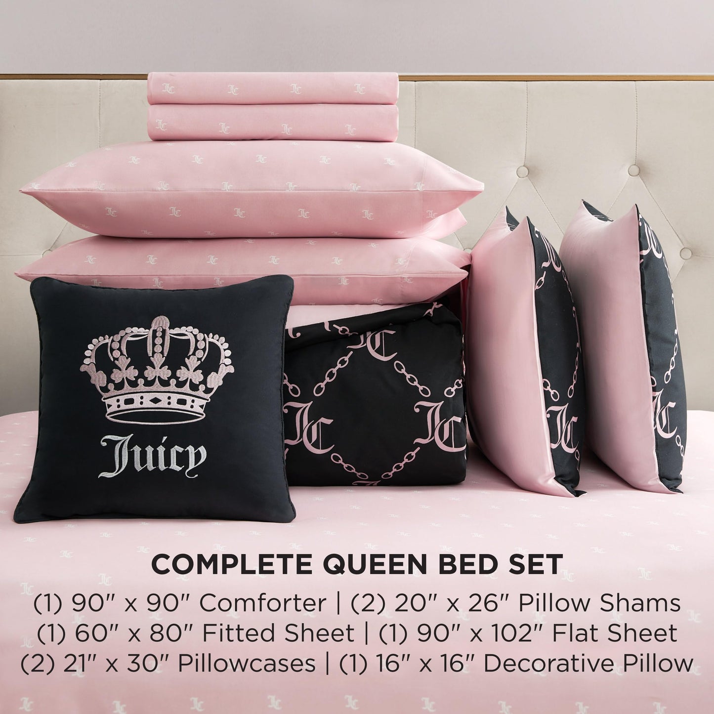 Juicy Couture Black Link Logo Printed Comforter Set, Queen – Complete 8-Piece Bed in a Bag Collection