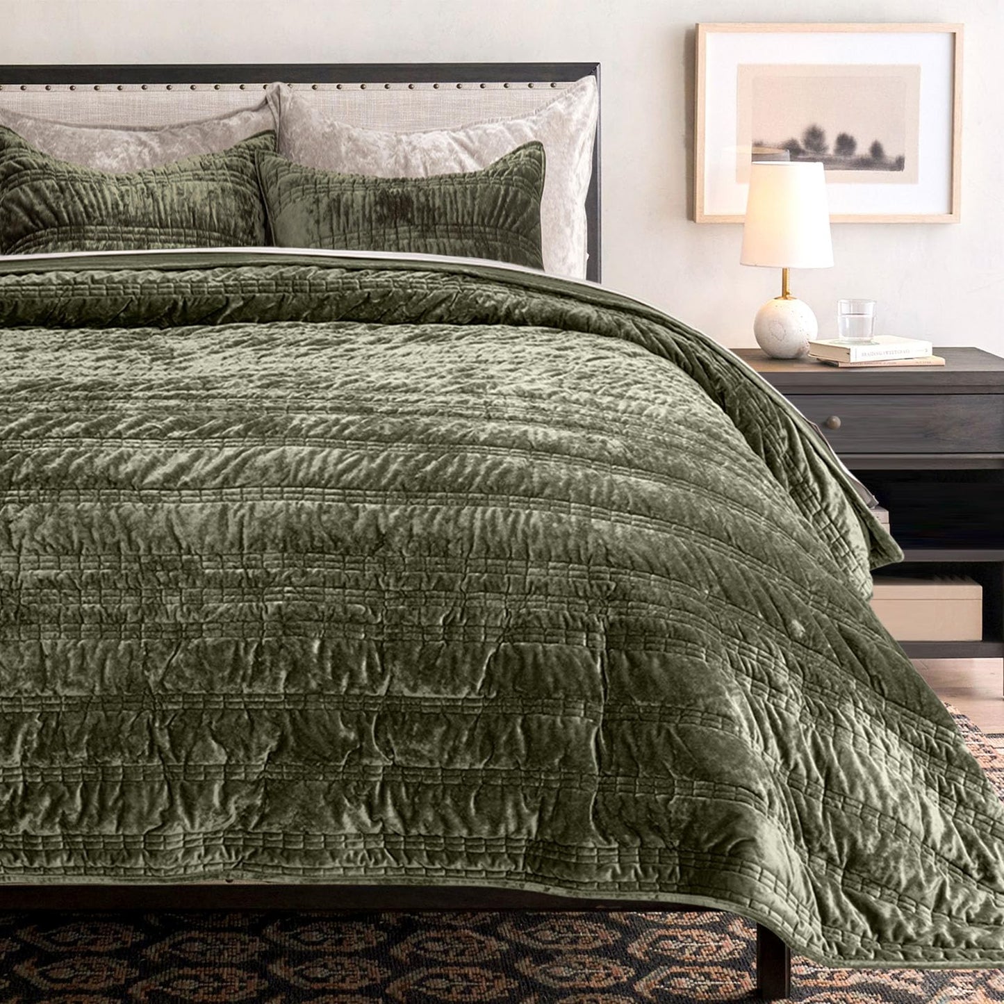 EverGrace Luxury Ruched Velvet Quilt Queen Size, Ultra Soft Bedspread Coverlet Set, Lightweight Velvet Comforter, Quilted Bedding Cover with 2 Matching Shams for All Season, Olive Green