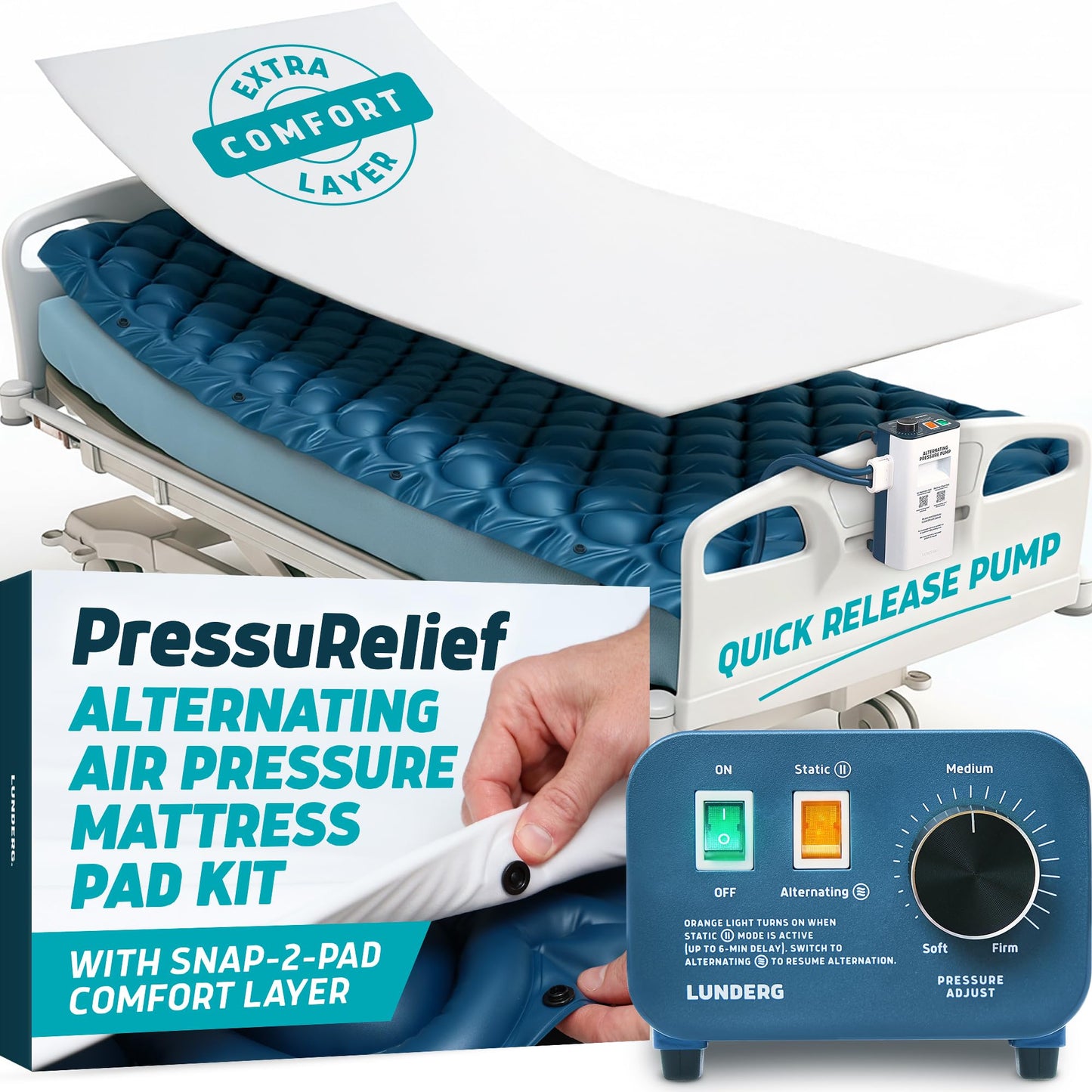 Lunderg PressuRelief Alternating Air Pressure Mattress Pad - with Snap-2-Pad Comfort Layer & Static Mode - Quiet Pump, Comfortable Bed Sore Prevention Mattress Topper for Hospital Bed or Home