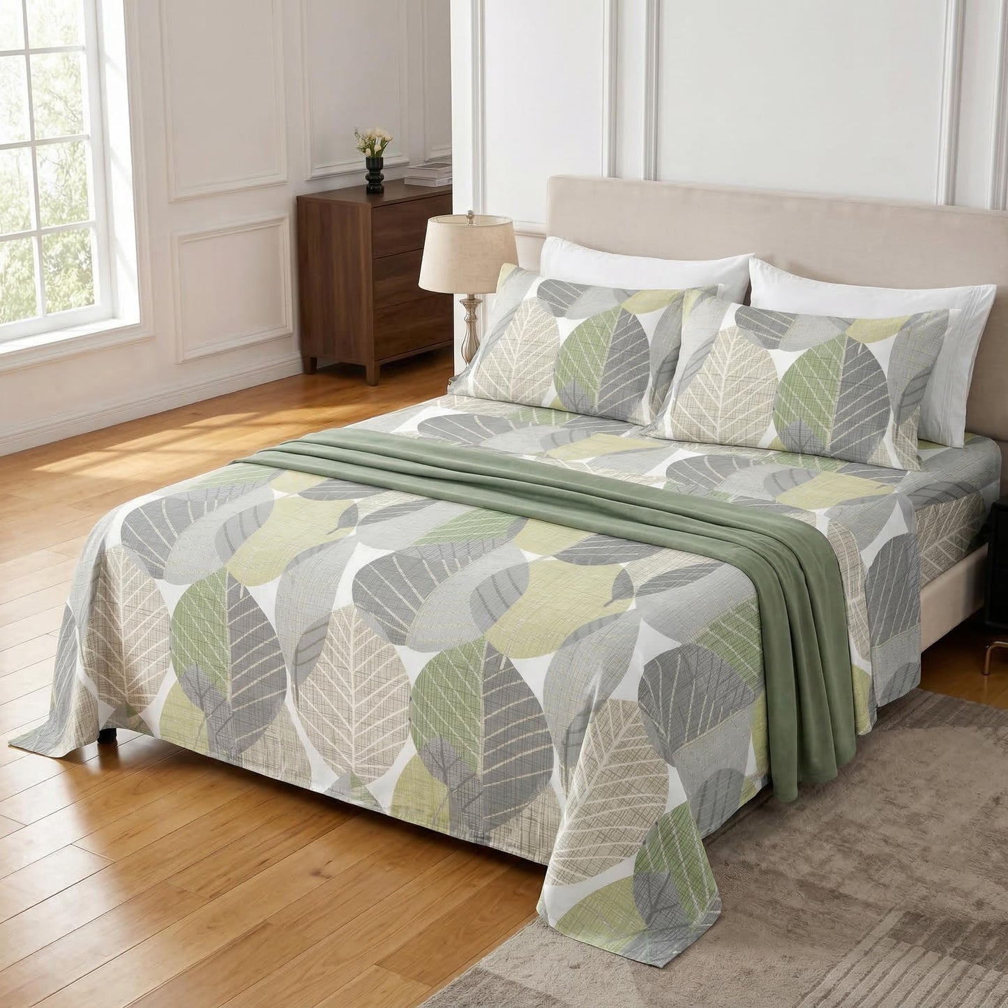 HCORA Leaf Print King Sheet Set, Ultra Soft Double Brushed Microfiber Bed Sheets, Deep Pocket, Breathable, Wrinkle Resistant, Easy Care, 4PC, King