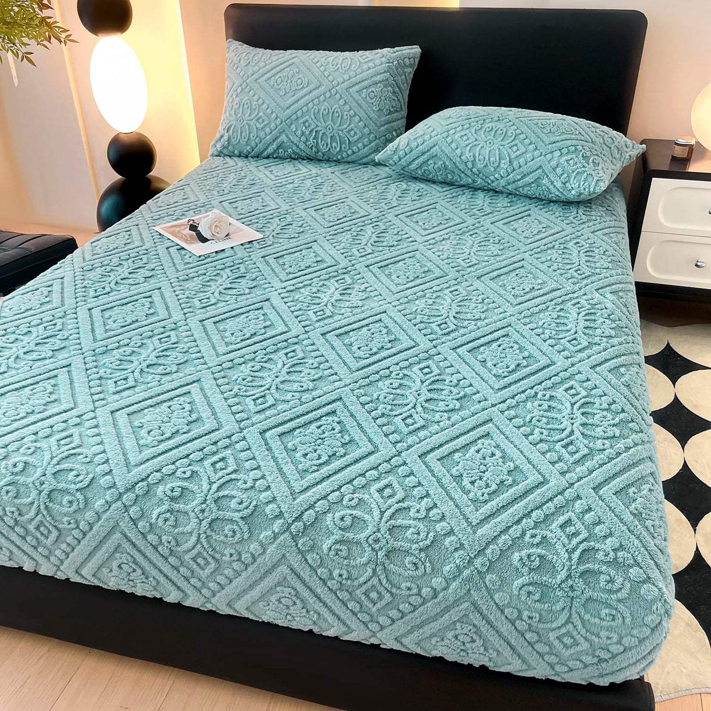 ZIQINPSQ Taffeta Velvet Jacquard Queen Fitted Sheet - Luxury Bedding - Ultra-Soft, Quick-Heat, Anti-Static, 360° Mattress Protector, Teal Blue, No Pillowcases