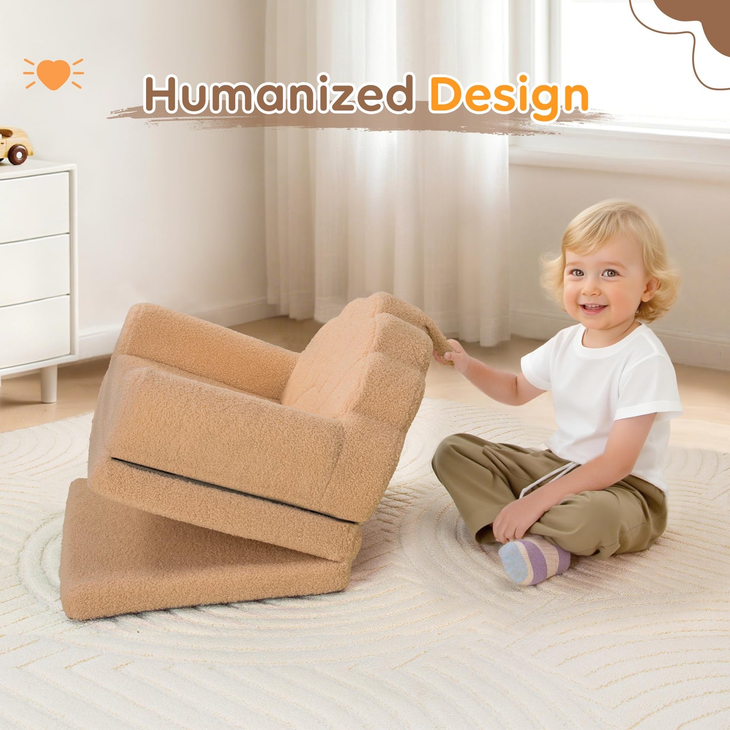 Airpanda Cozy Kids Couch and Chair, Fold Out Foam Sofa, Khaki
