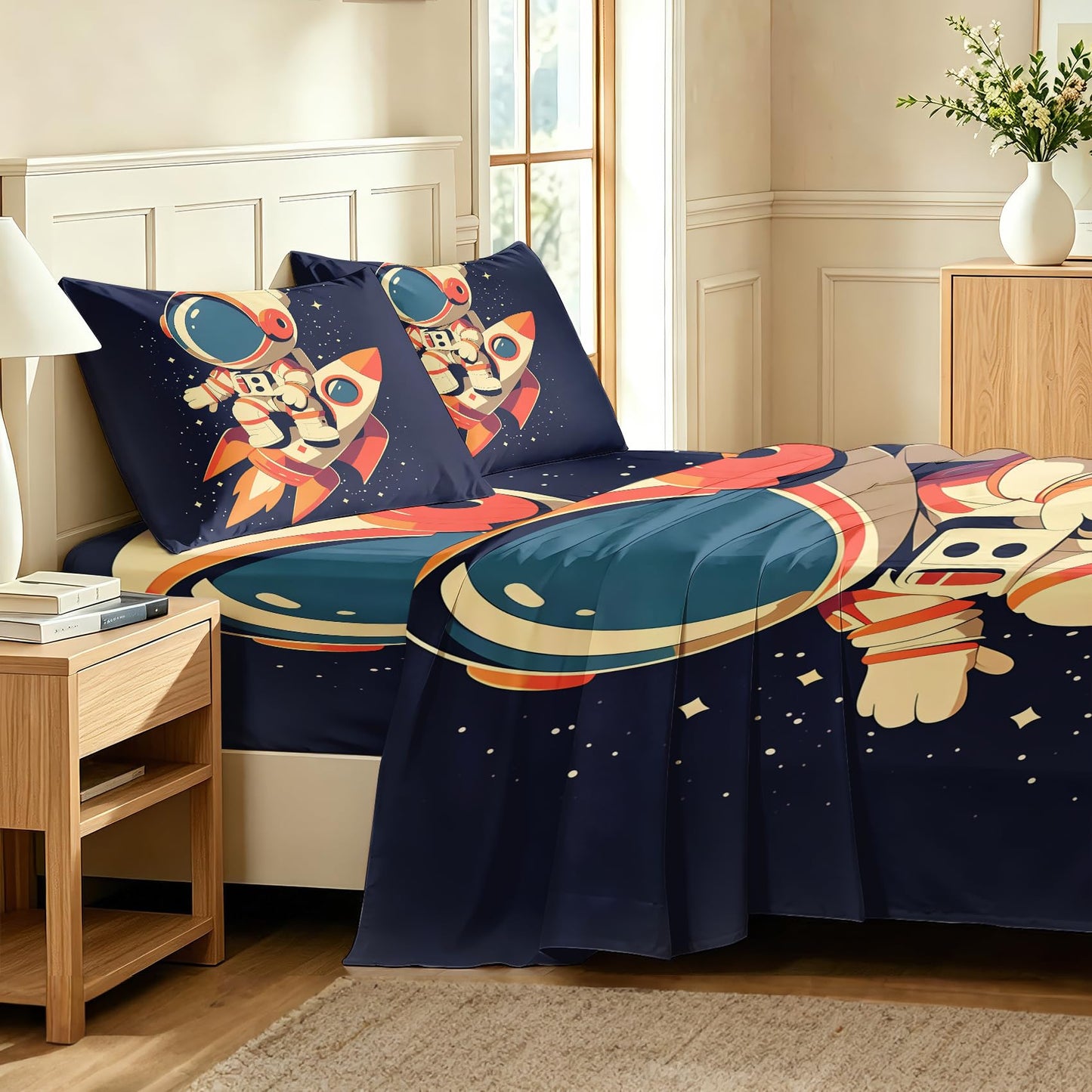 Astronaut Queen Sheet Set Kids Rocket Ship Flat Fitted Sheet Sets