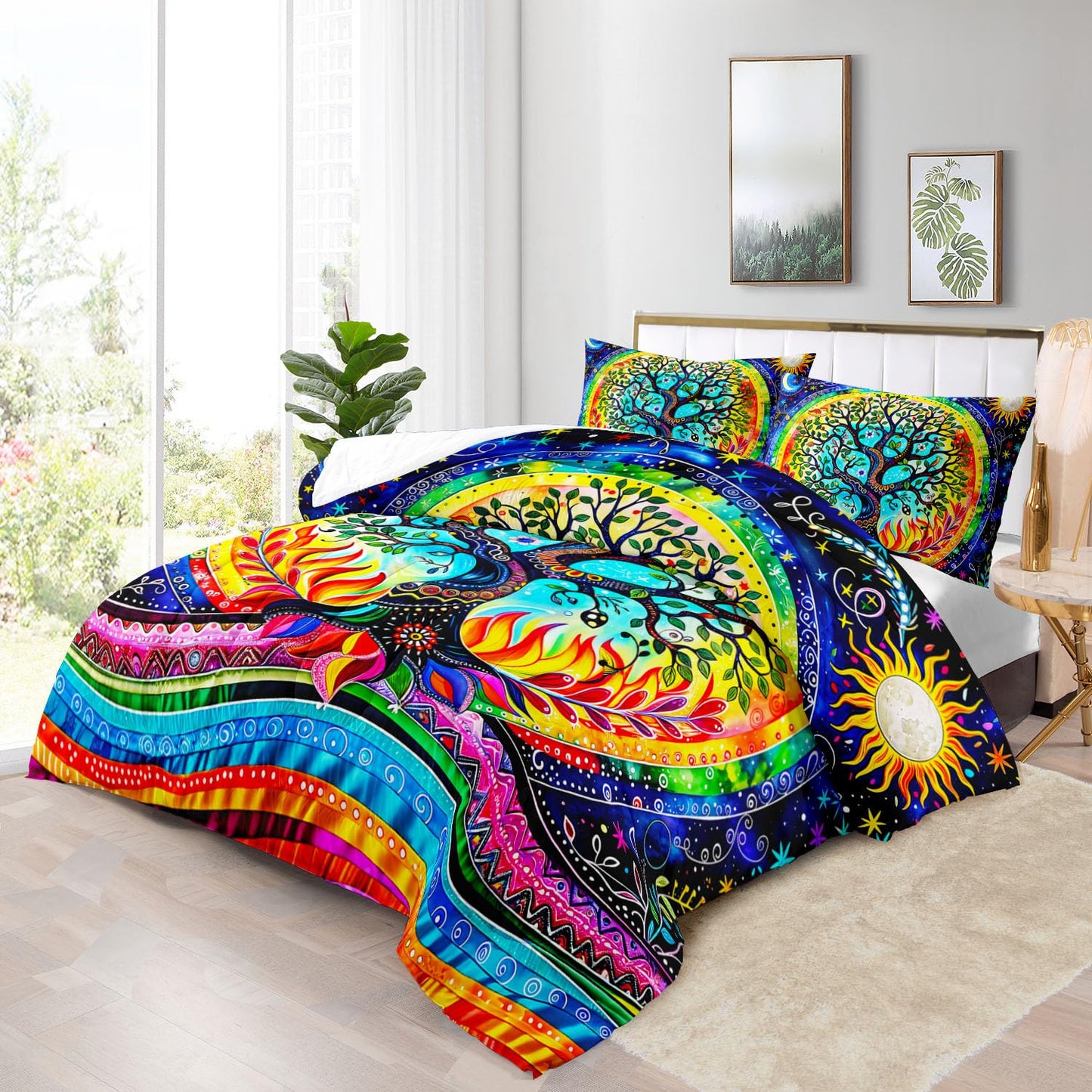 Raphus cucullatus Tree of Life Comforter Set Queen,Black Goth Queen Comforter Set,Queen Hippie Bedding Sets,Queen Size Bedding Set Gothic,Boho Queen Comforter Set,Queen Size Rainbow Bedding Set