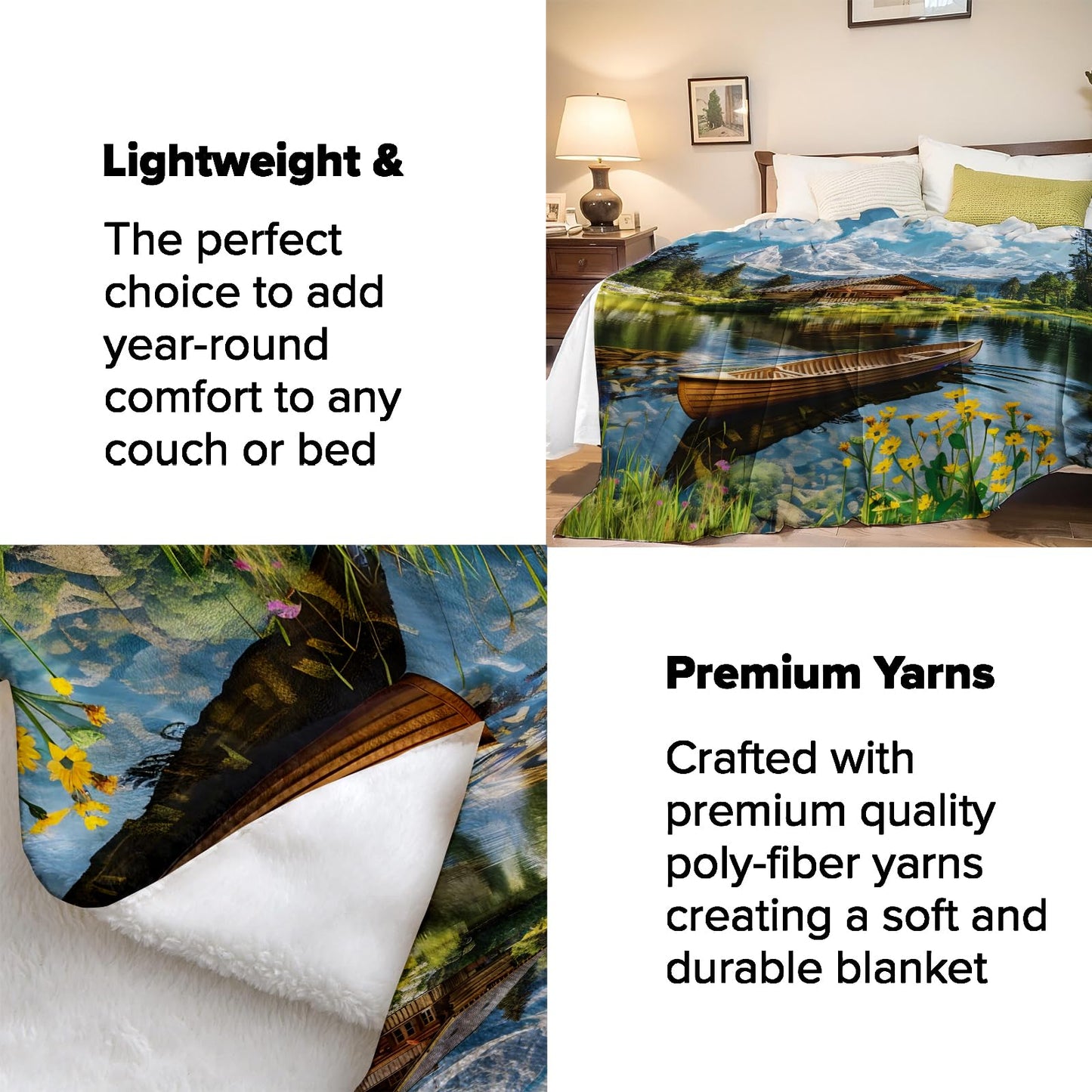 Turamurra Mountain Lake Cabin Throw Blanket Gifts for Kids Women, Scenic Alpine Cabin Canoe Nature Landscape Blankets for Home, Living Room, Bedroom Decor, Flannel Plush 50"x60"