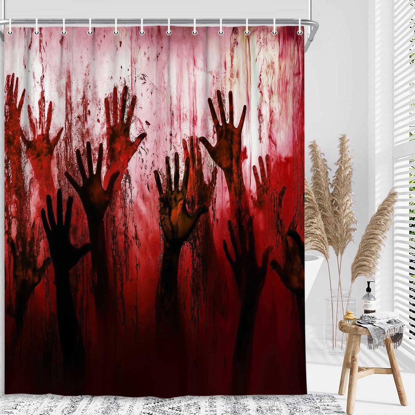 JAWO Spooky Bloody Hand Shower Curtain, Creepy Horror Zombie Handprint Bathtub Curtain, Halloween Themed Bathroom Decor,12pcs Hooks,69X70 in
