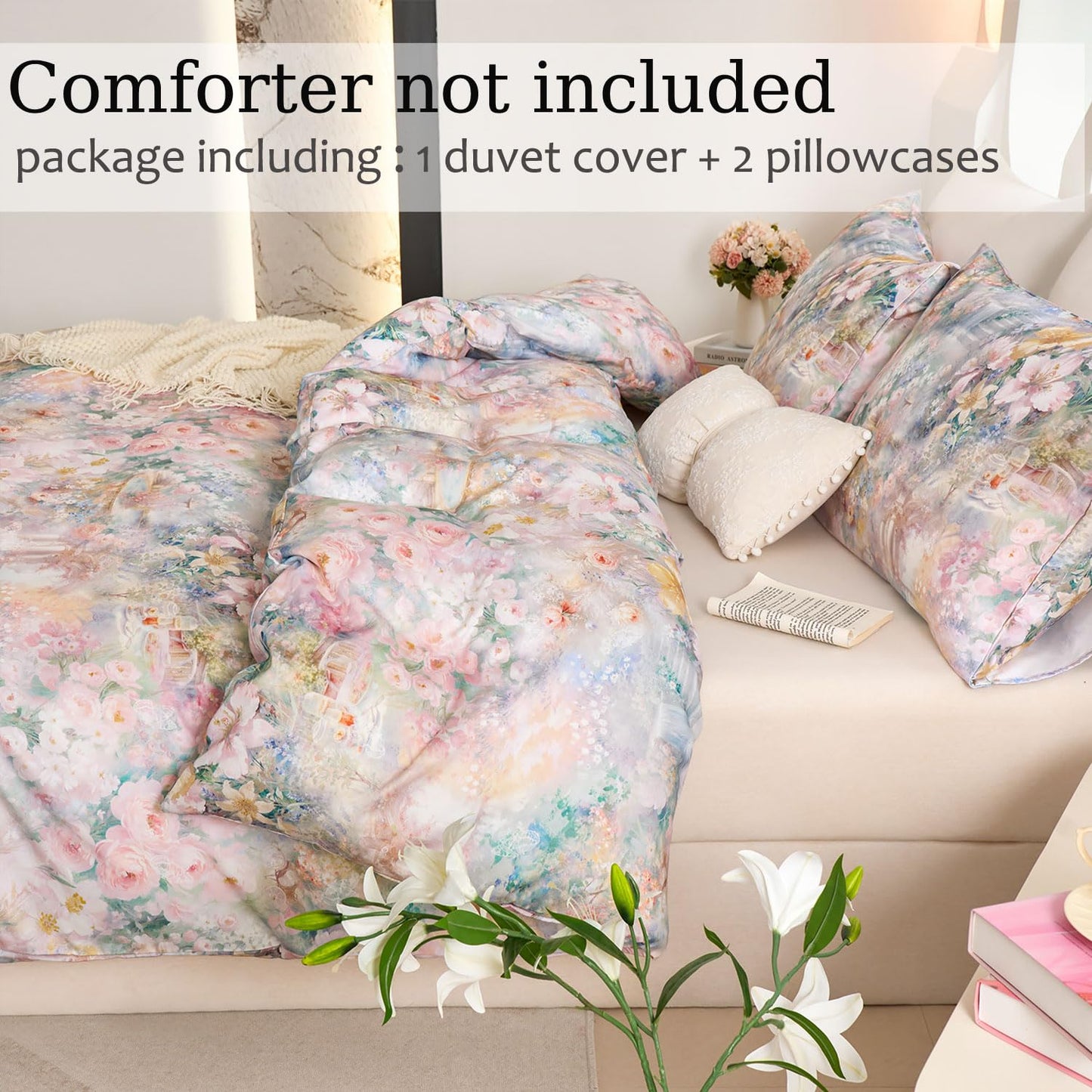 Zusbest Floral Duvet Cover King 100% Cotton, Double Brushed for Extra Soft, Luxury Pink Rose French Country Bedding Shabby-Chic Lily Comforter Cover with Zipper, Soft Breathable, 3Pc-Not Comforter