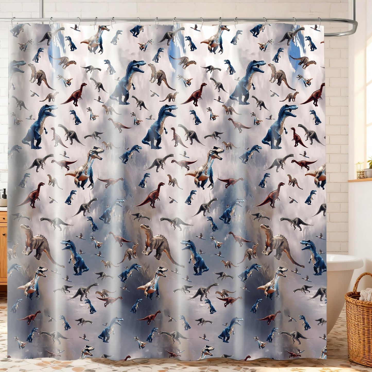 SDIII 3D Dinosaur Shower Curtain Set 72x72 Inch, Waterproof Microfiber Shower Curtain Dinosaur for Jurassic Themed Bathroom Decor