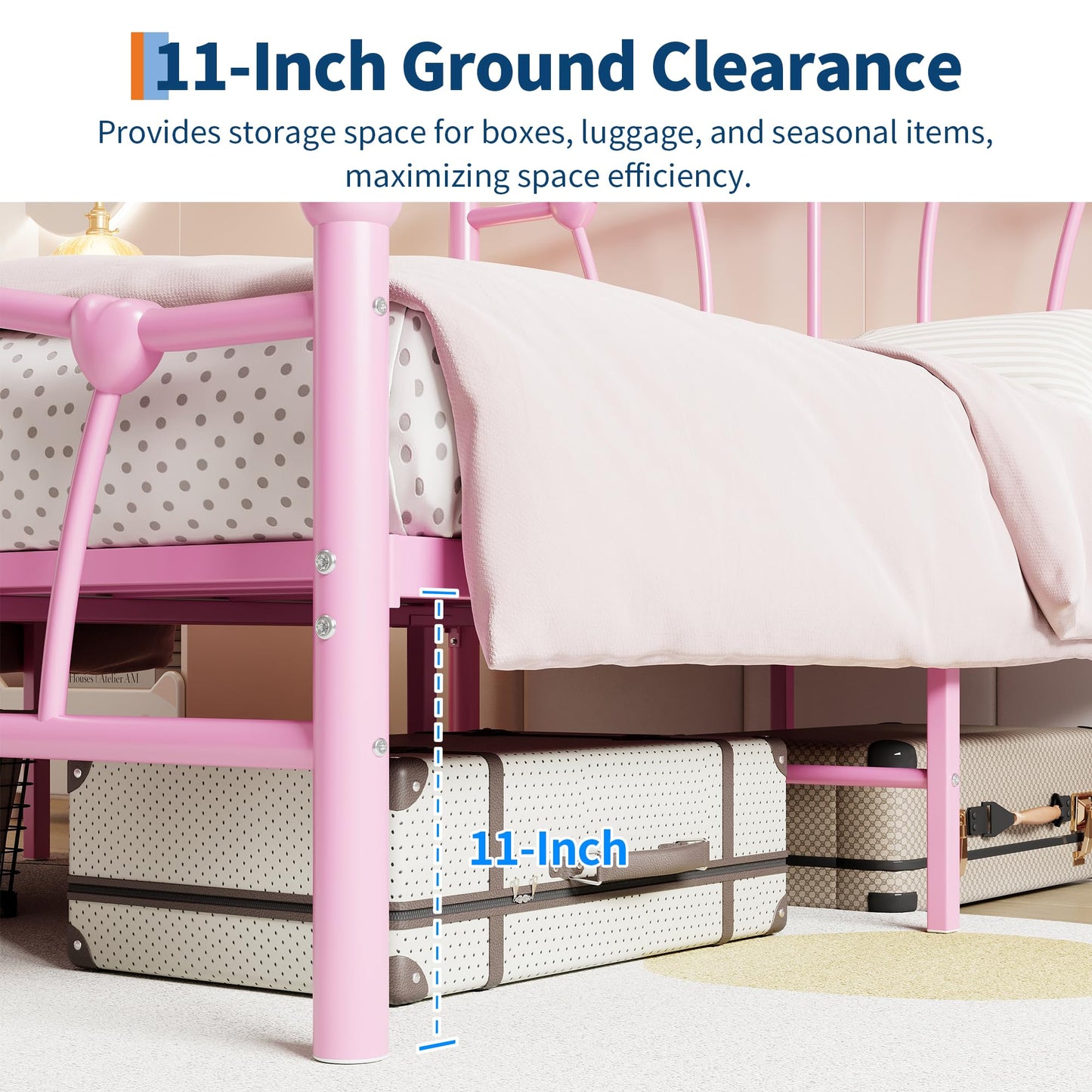 IDEALHOUSE Full Bed Frame for Kids, Full Size Bed with Headboard and Footboard, Heart Shaped Platform Bed Frame, Heavy Metal Slat Support, Noiseless, No Box Spring Needed, Pink