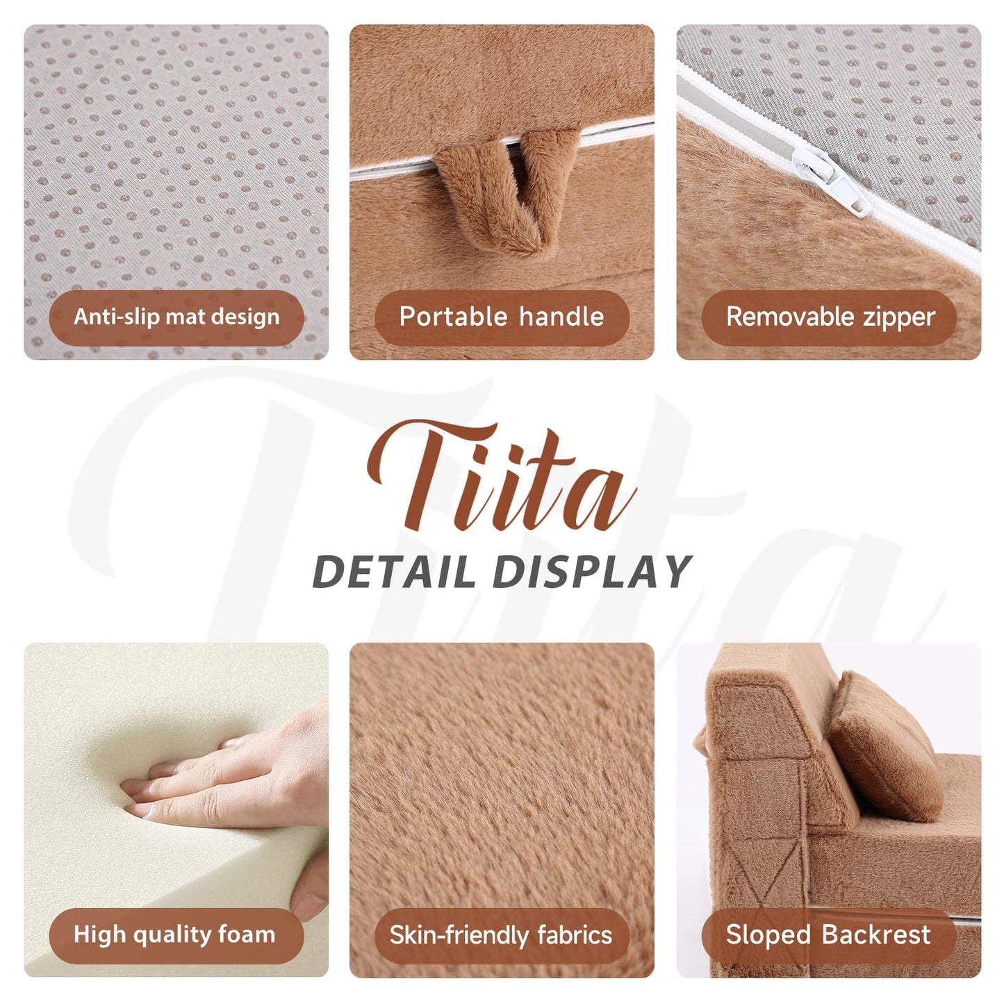 Tiita Convertible Folding Kids Sofa Bed with Pillow & Storage Bag, Plush Fabric Floor Mattress Couch Bed, Washable Cover, Kids Room, Playroom, Dorm, Apartment, Brown