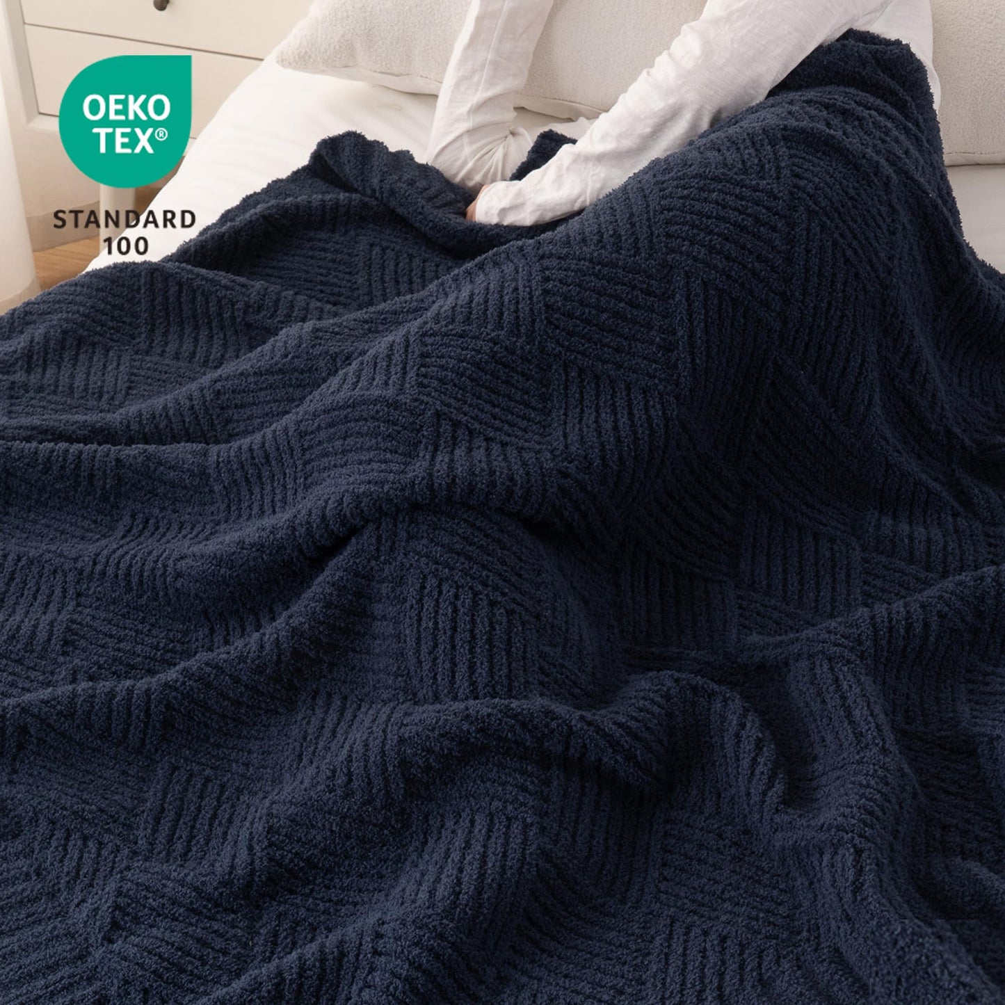 Battilo Navy Blue Chenille Throw Blanket for Couch, Soft Diamond Textured Knit Blanket, Cozy Lightweight Decorative Blankets for Sofa, 50"x60"