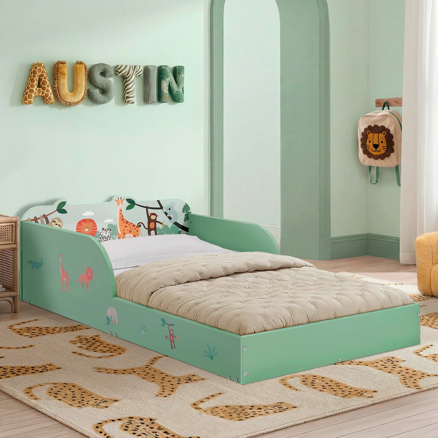 Delta Children Safari Wood Floor Toddler Bed with Reusable Stickers, Green