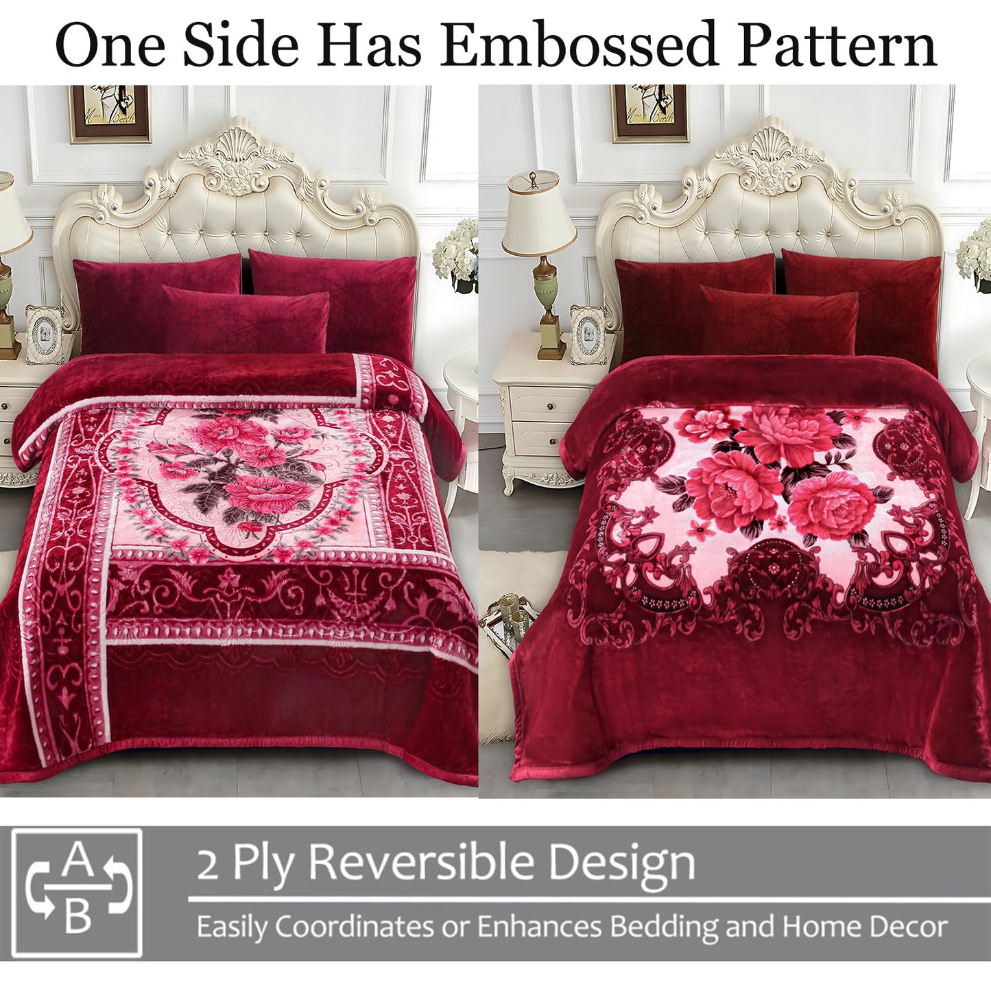 JYK Soft Fleece Bed Blanket Queen Size A&B Pattern Rose/Rose - 520GSM Fuzzy Cozy Luxury Warm Blanket Microfiber, 2 Ply Reversible Room Home Decor Christmas Decorations, 75" x 87 inches, 5 LB