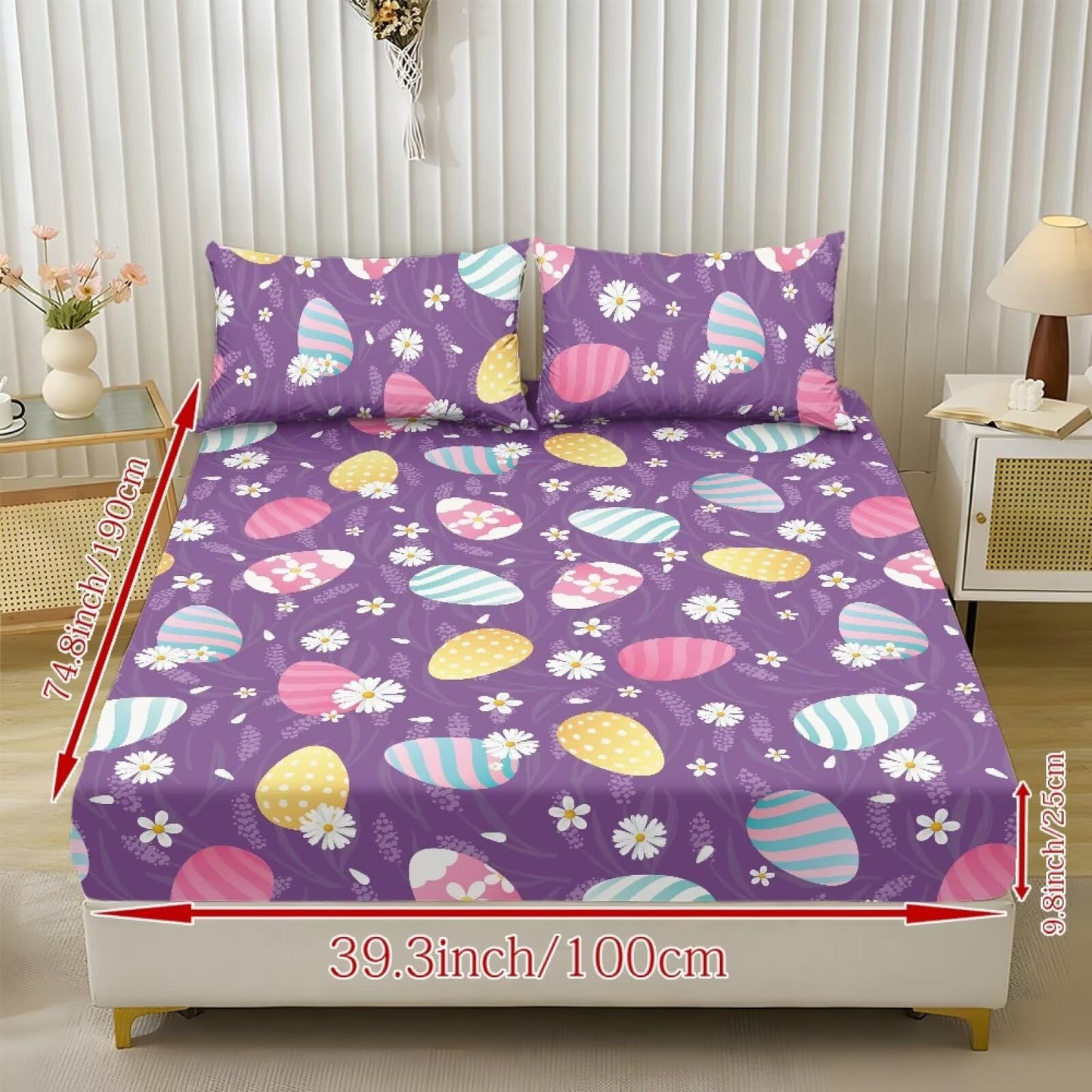 ZDCUSTOM Easter Egg Sheets Twin XL Size Wrinkle Free Bed Sheets Purple Bedding Sheets & Pillowcases 3 Piece Set Soft Deep Pocket Fitted Sheet & Pillow Case for Easter Decor, 39" x 79"