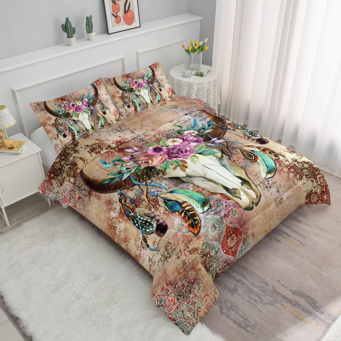 Smell Sunshine Kids Comforter Set Tribal Bull Head Printed Pattern Bedding Set with 1 Comforter and 2 Pillowcases for Girls Boys Bedroom All Season(Tribal Bull Head Twin)