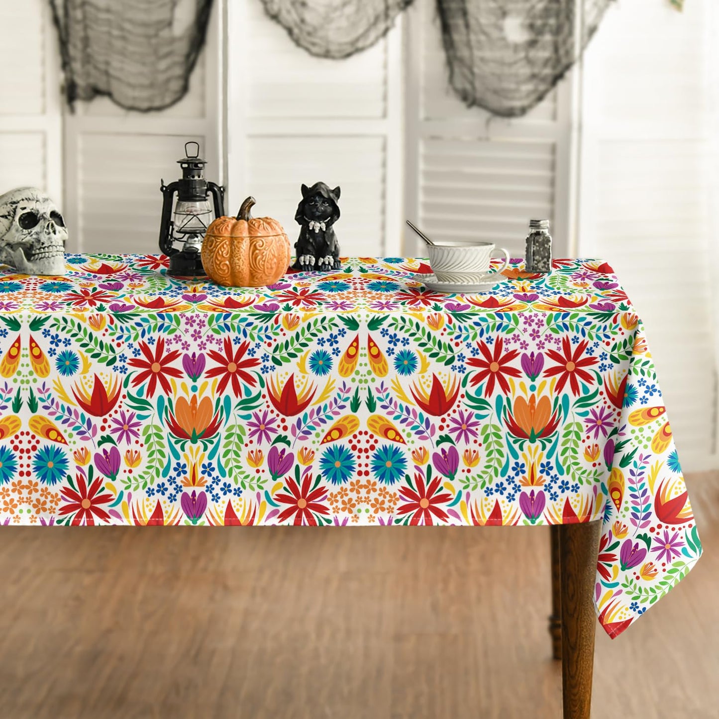 Horaldaily Mexico Tablecloth 60x84 Inch Rectangular, Halloween Cinco Dia De Los Muertos Design White Seasonal Table Cover for Party Picnic Dinner Decor