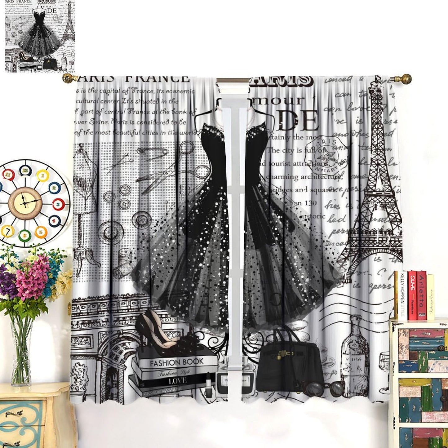 Fashion Curtains Eiffel Tower Black Skirt High Heels Pattern for Girls Woman Bedroom Print Decor Rod Pocket Window Drapes for Bedroom Living Room 42x45in