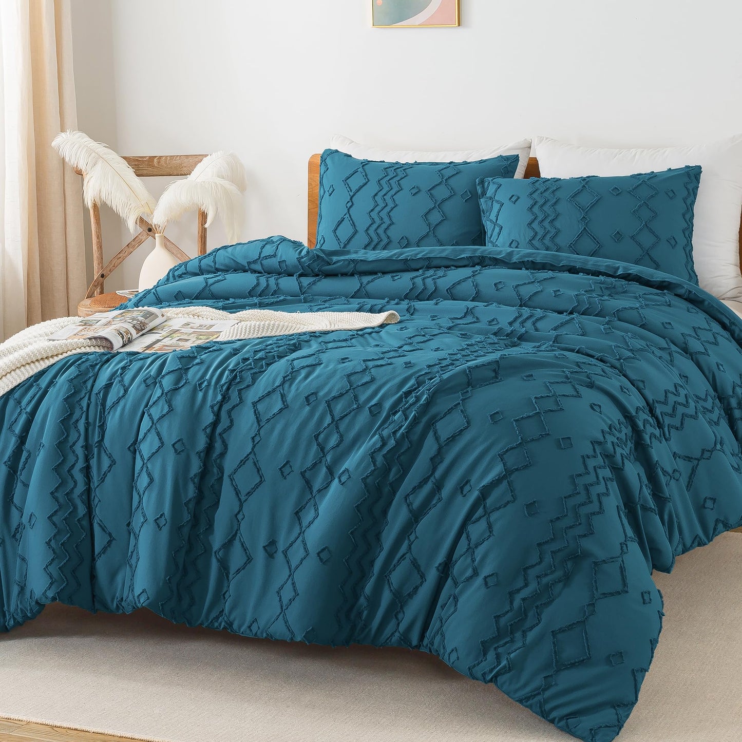 Andency Teal Tufted Comforter Set Queen(90x90Inch), 3 Pieces(1 Boho Comforter, 2 Pillowcases) Textured Farmhouse Bed, Soft Down Alternative Geometric Bedding Set