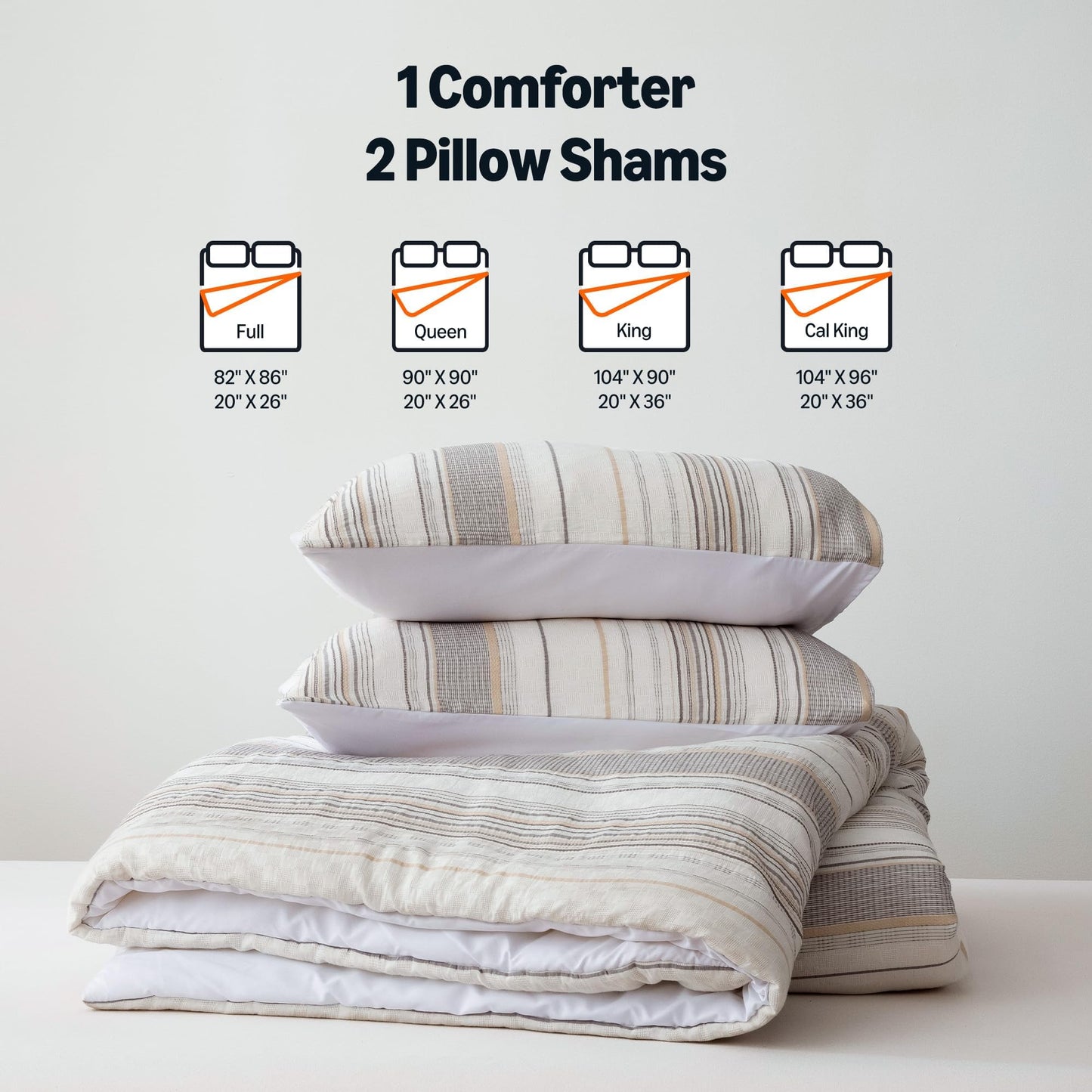 Amazon Basics Comforter Set, 3-Piece Jacquard Comforter and 2 Pillow Shams, All-Season Bedding, Queen, Beige Striped