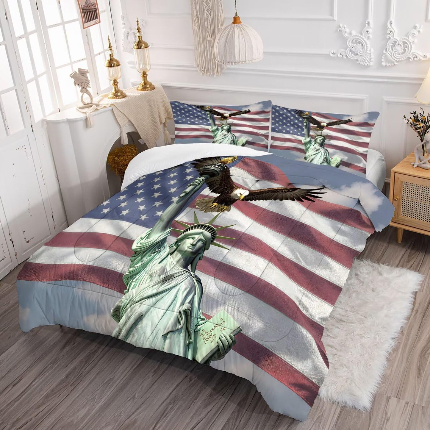 DJNEAR Eagle Comforter Set Full Size Stars Stripes USA American Flag Bedding Sets for Boys Kids Teens Adults Bedroom Decor Statue of Liberty Quilt 1 Comforter 2 Pillowcases