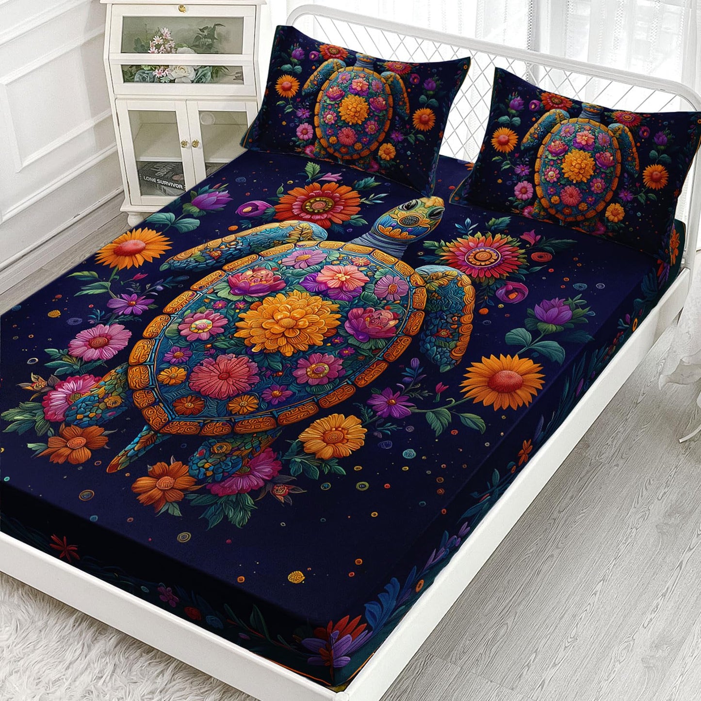 AILONEN Sea Turtle Fitted Sheet Set Twin,Colorful Floral Turtle Bed Sheet Set for Girls Women,Beautiful Flowers Ocean Animal Deep Pocket Sheets with 2 Pillowcases,3-Piece