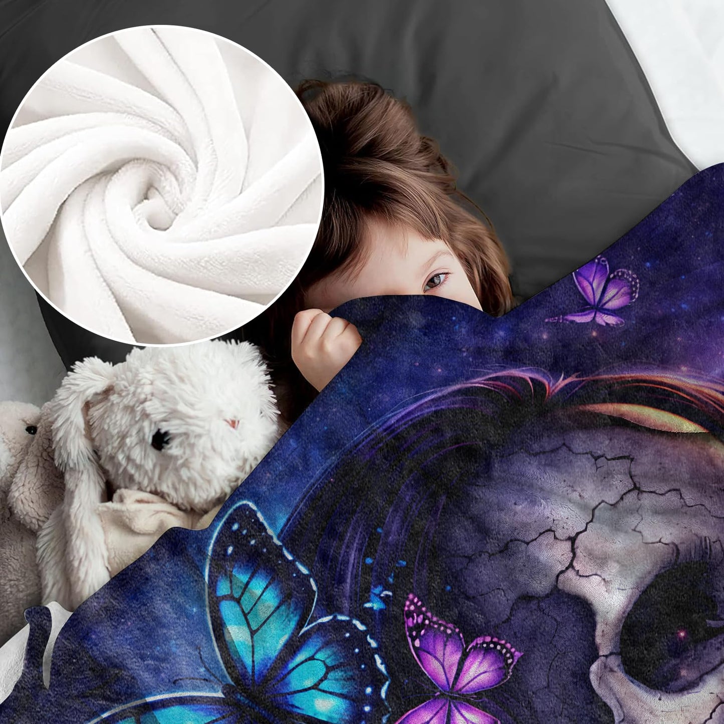 cromcu Gothic Skull Butterfly Flannel Blanket, 60" x 50", Soft Warm Cozy Decorative Throw with Floral Skeleton and Moon, for Women Goth Lovers, Sofa Couch Bed Living Room Bedroom