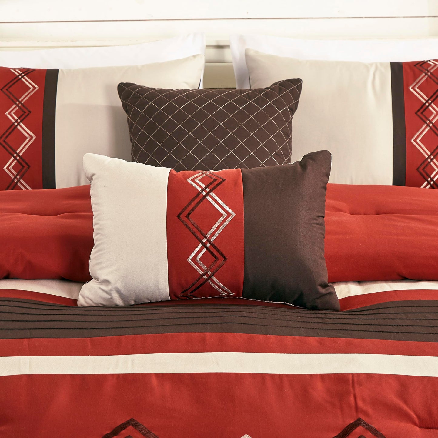 Chezmoi Collection Arden 7-Piece Modern Pleated Stripe Embroidered Zigzag Bedding Comforter Set (King, Spice/Brown/Coffee Cream)