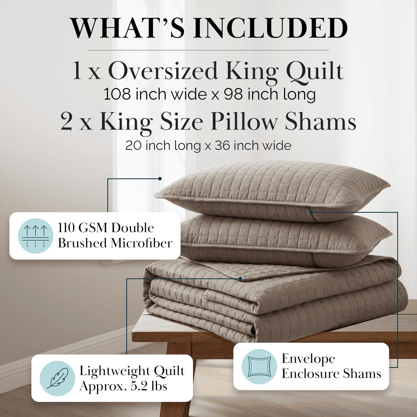 Southshore Fine Living, Inc. Oversized Quilt, King Size Bedding Set, Soft Microfiber, Easy Care Stain and Pet Hair Resistant Bedding, California/King Size Quilt Bedspread Set w/2 Shams, Dark Taupe