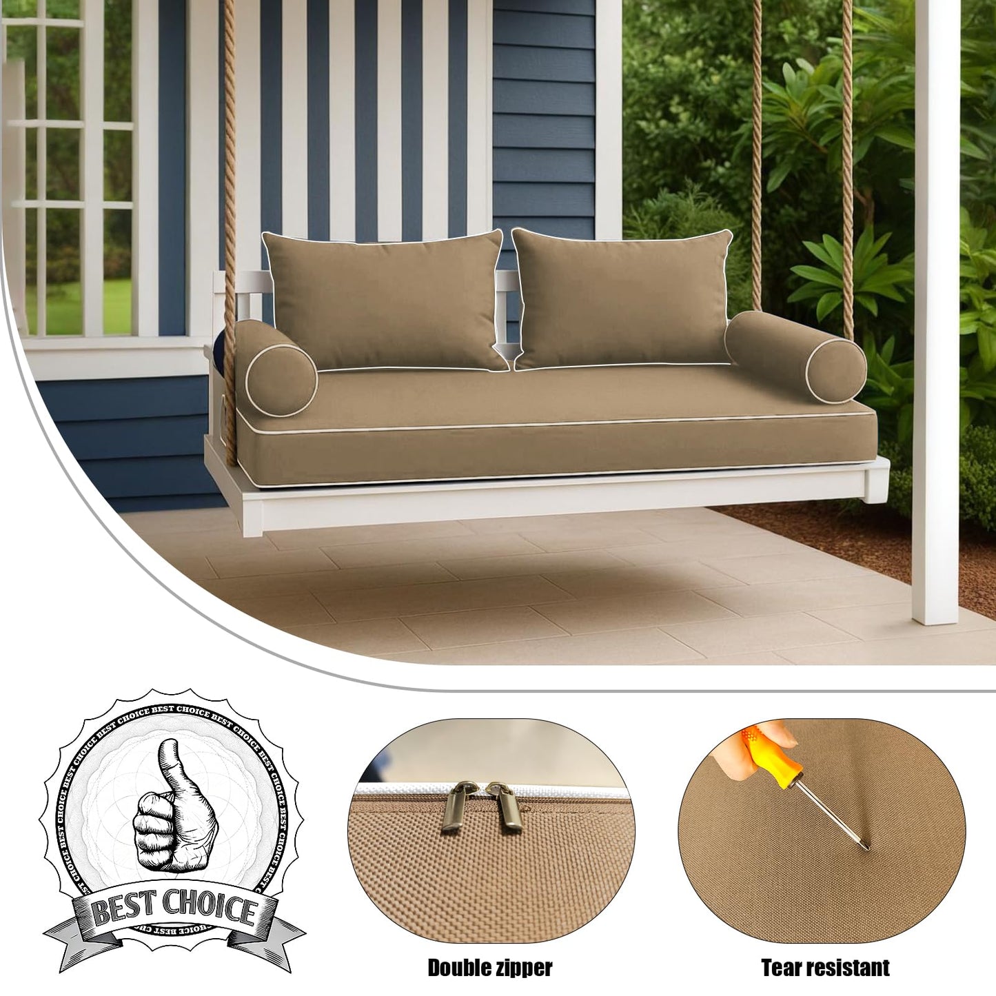 NSFBZA Outdoor Twin Size Patio Swing Bed Mattress and Pillows Cover with Zipper,Fade Resistant 6 Inch Porch Daybed Cushion Waterproof Covers (Light Brown, 75 * 39 * 6in)