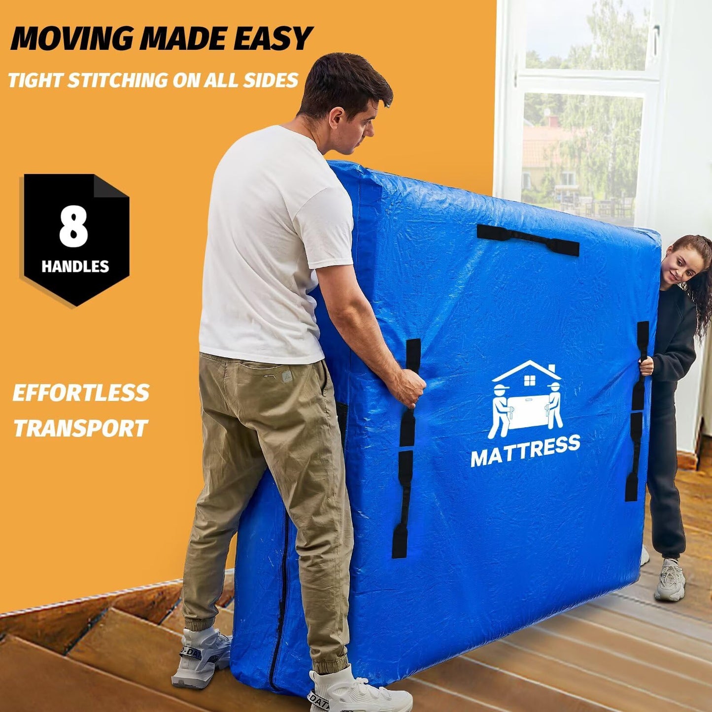 Mattress Bags for Moving, BETU Mattress Protector Waterproof Mattress Cover King Size Storage Bags with 8 Heavy-Duty Handles and Zipper for Bed Extra Thick Large Reusable (82"x79"x15" Blue)