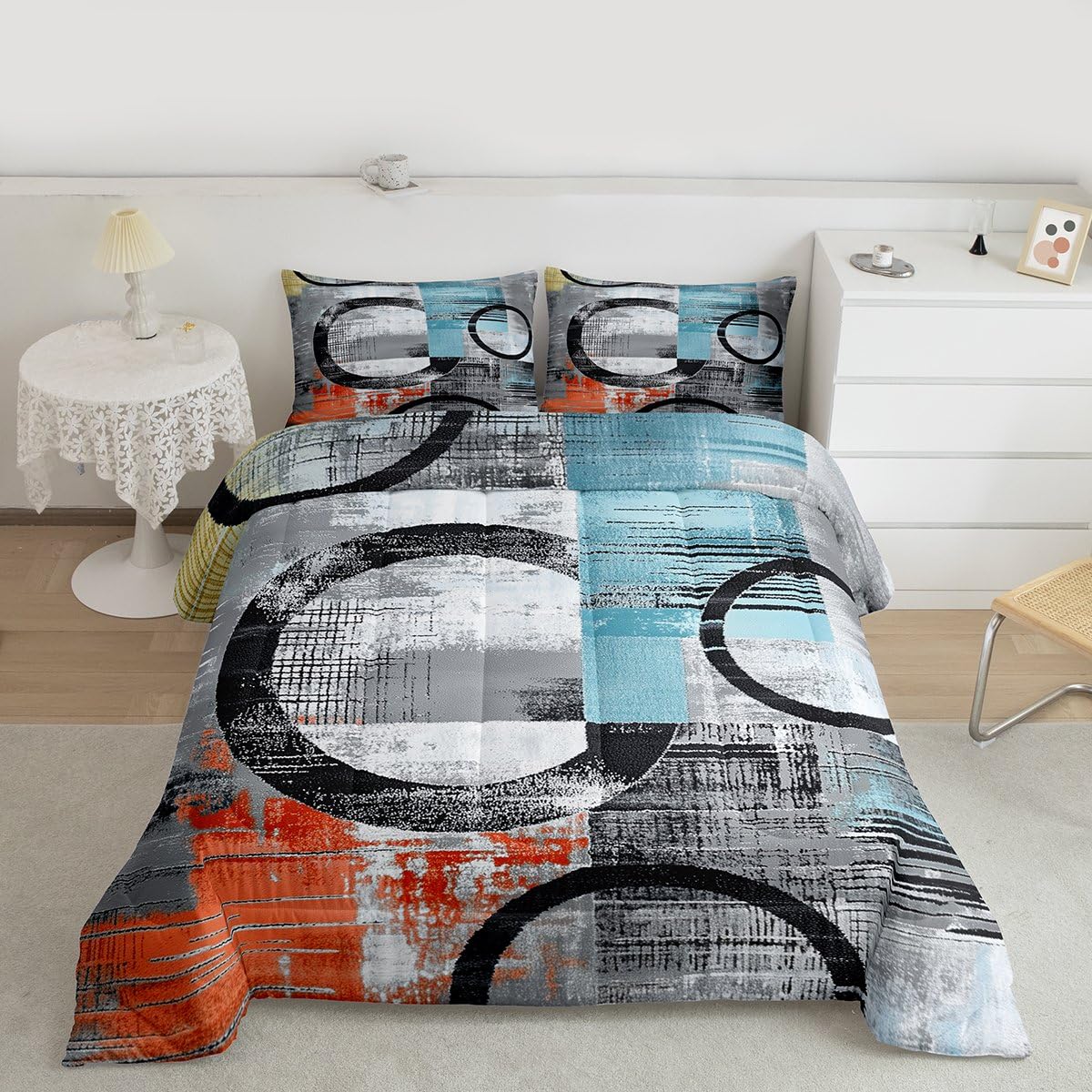 Feelyou Abstract Bedding Set Soft Modern Abstract Art Comforter Set Full Size Geometric Duvet Quilt Luxury Bedroom Decor Orange Blue 3 Pcs with 2 Pillow Cases