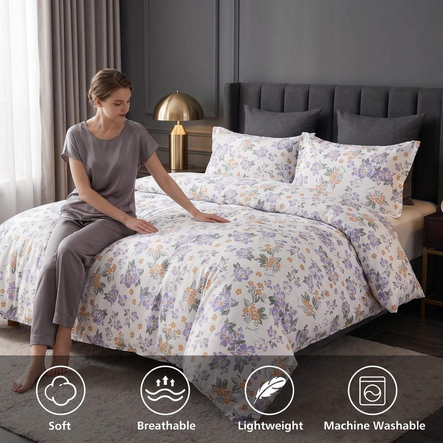 Ocharo Purple Floral 100% Cotton Duvet Cover King Size,Reversible Modern Orange Floral Bedding Set Cotton with Zipper Closure,Soft 3 Pieces Chic Abstract Flowers Comforter Cover with 2 Pillow Shams