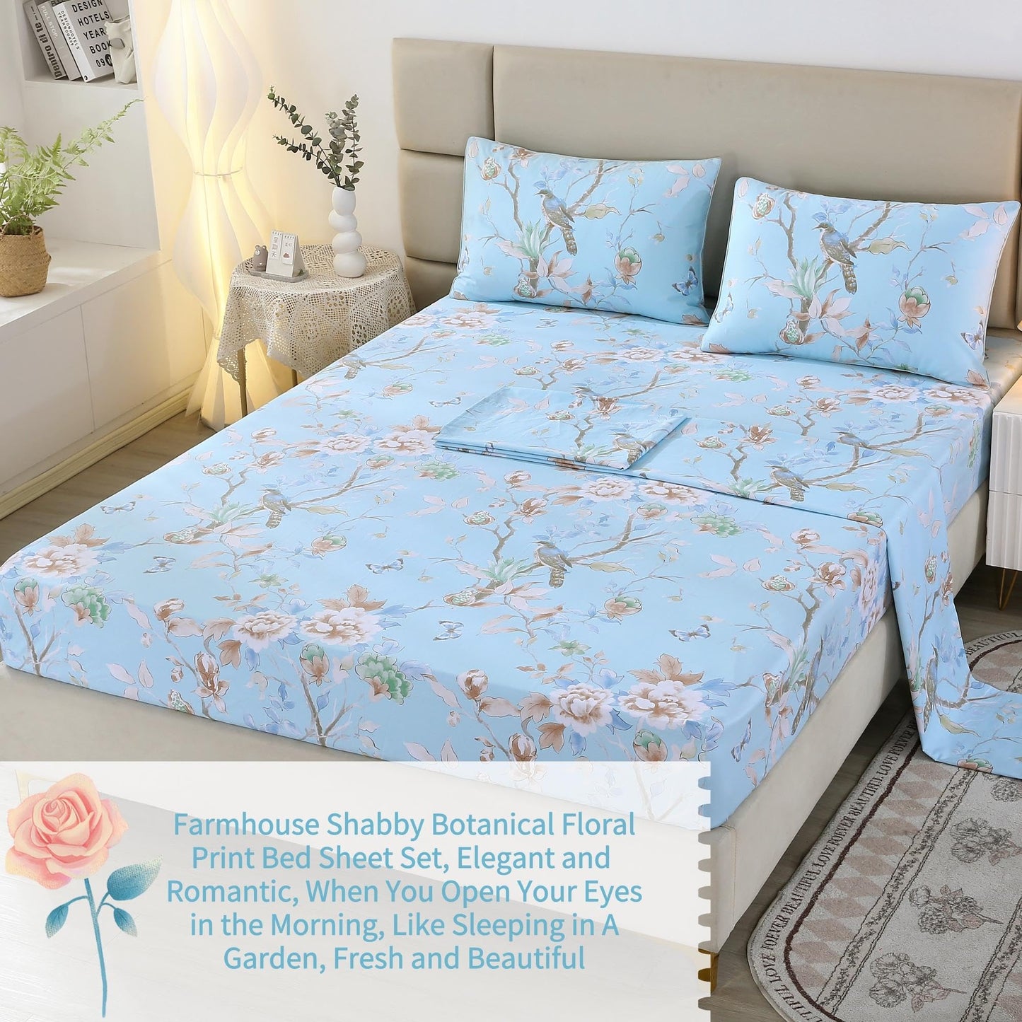 RYNGHIPY Egyptian Cotton Bed Sheet Set Blue Bird Botanical Pattern Bed Sheets Deep Pocket Fitted Sheet Tree Branches Print Bedding Soft Breathable (Light Blue,Queen Size)