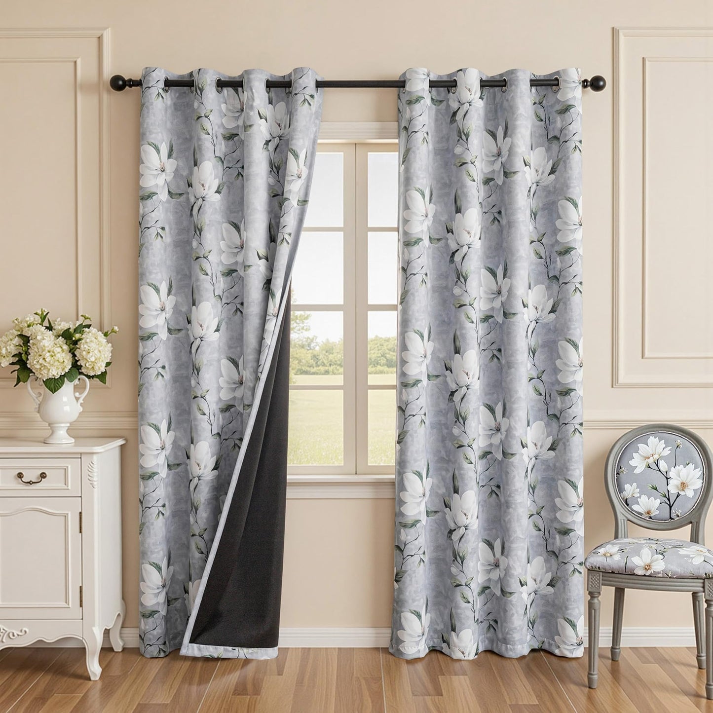 MYSKY HOME Floral 95% Blackout Curtains 84 Inches Long 2 Panels Set for Living Room - Thermal Insulated Black Out Flower Pattern Printed Drapes Grommet Top Bedroom, 52" W Each Panel, Light Grey