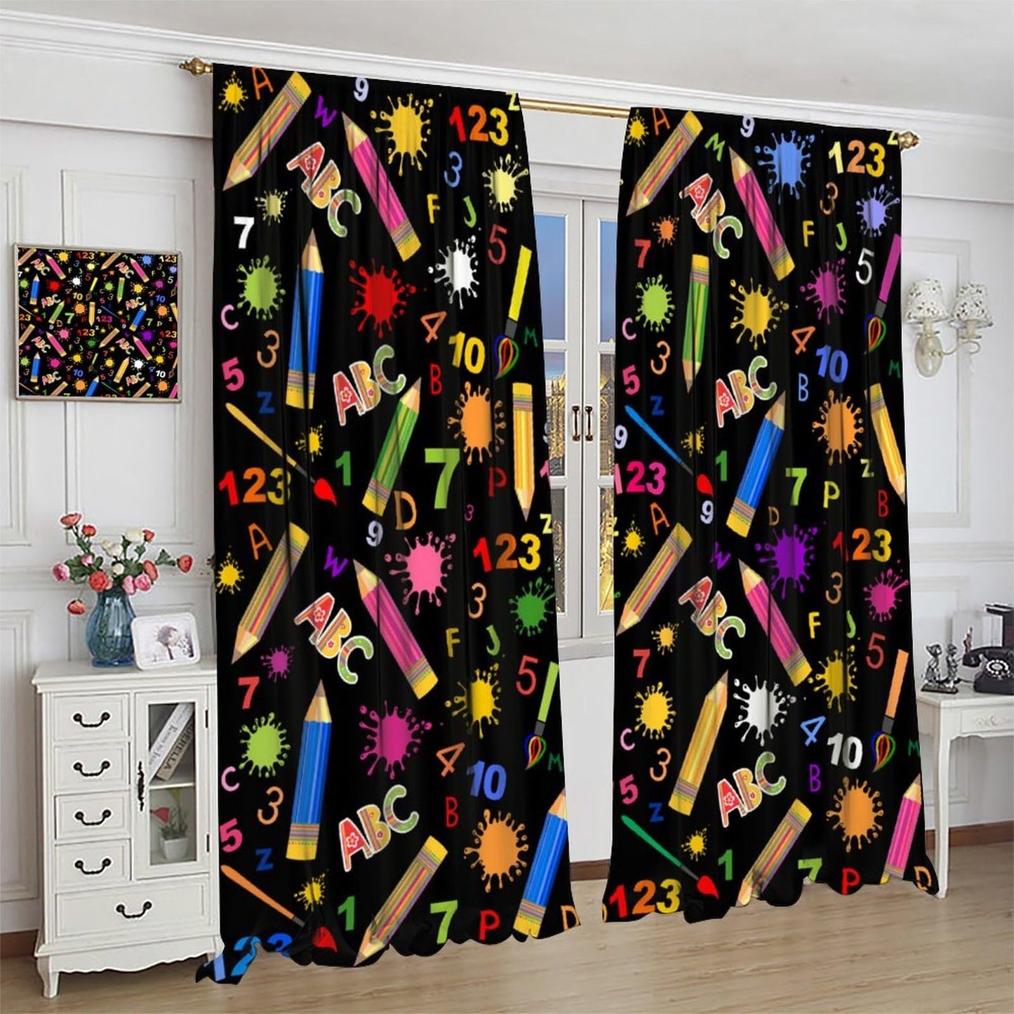 JanJCurt Back to School Curtains, Colorful Doodle Pencils ABC Numbers Cartoon Cute Supplies Stationary Print Window Treatments Curtains for Kids Bedroom Classroom, 42x45 (No Blackout)