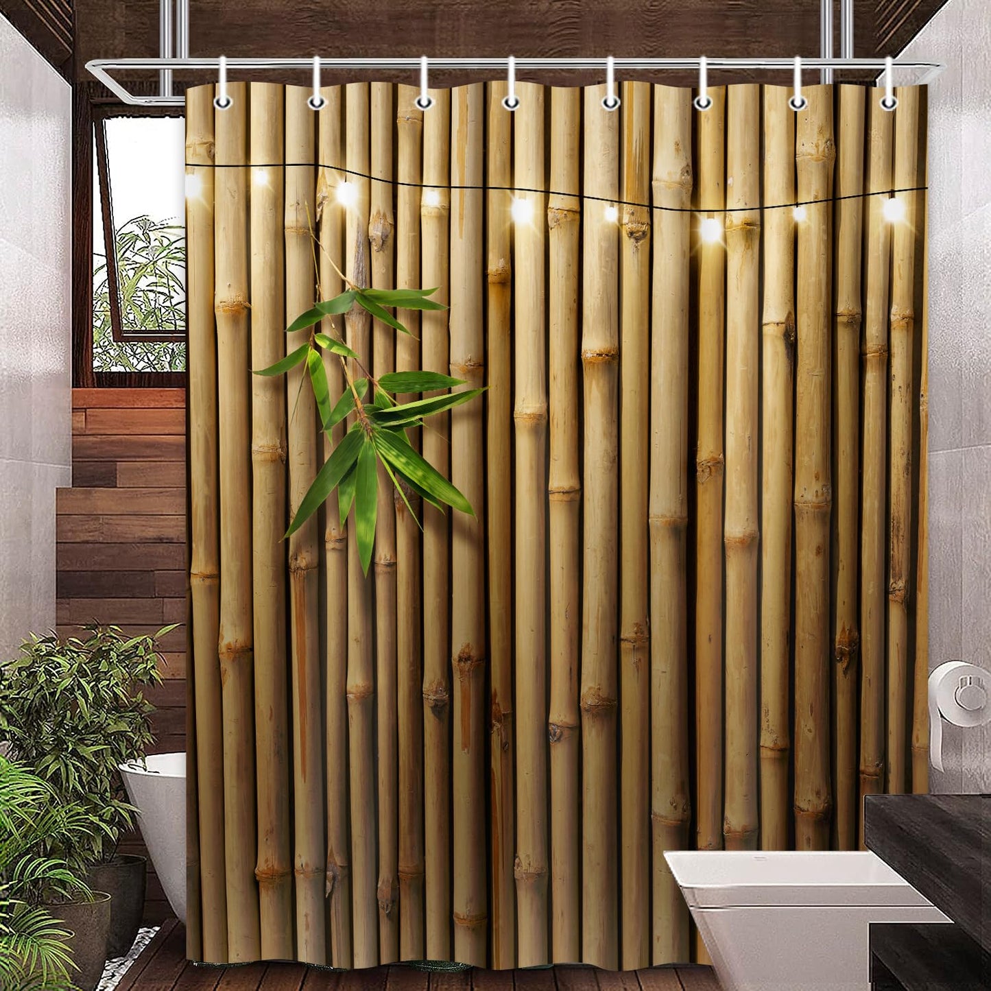Pinpai Bamboo Shower Curtain, Japanese 3D Shower Curtain Set for Bathroom, Nature Zen with Lights Fabric Shower Curtain Restroom Bathtub Decor Accessories with Hooks 72X 72 inch